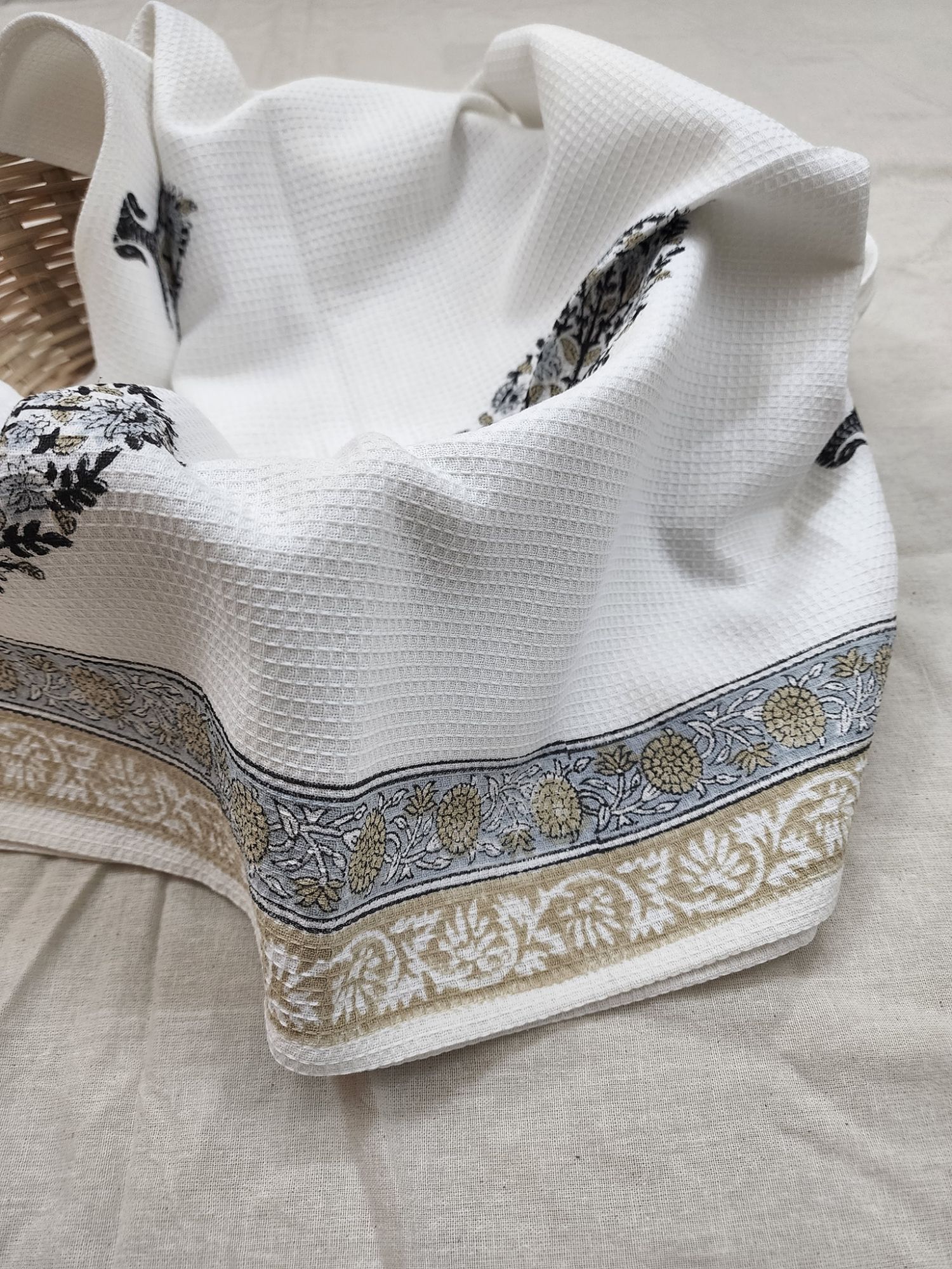 Biyoku Pure Cotton Hand Block Printed Bath Towel Blue Light Taupe Saanjh