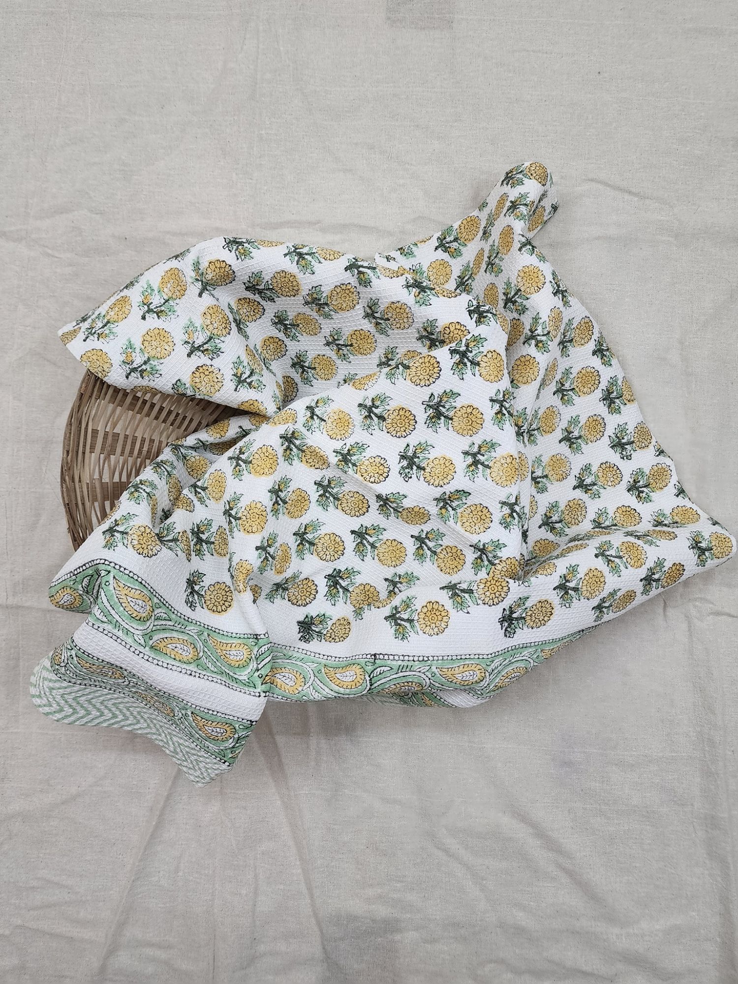 Biyoku Pure Cotton Hand Block Printed Bath Towel Mustard Yellow Green Genda