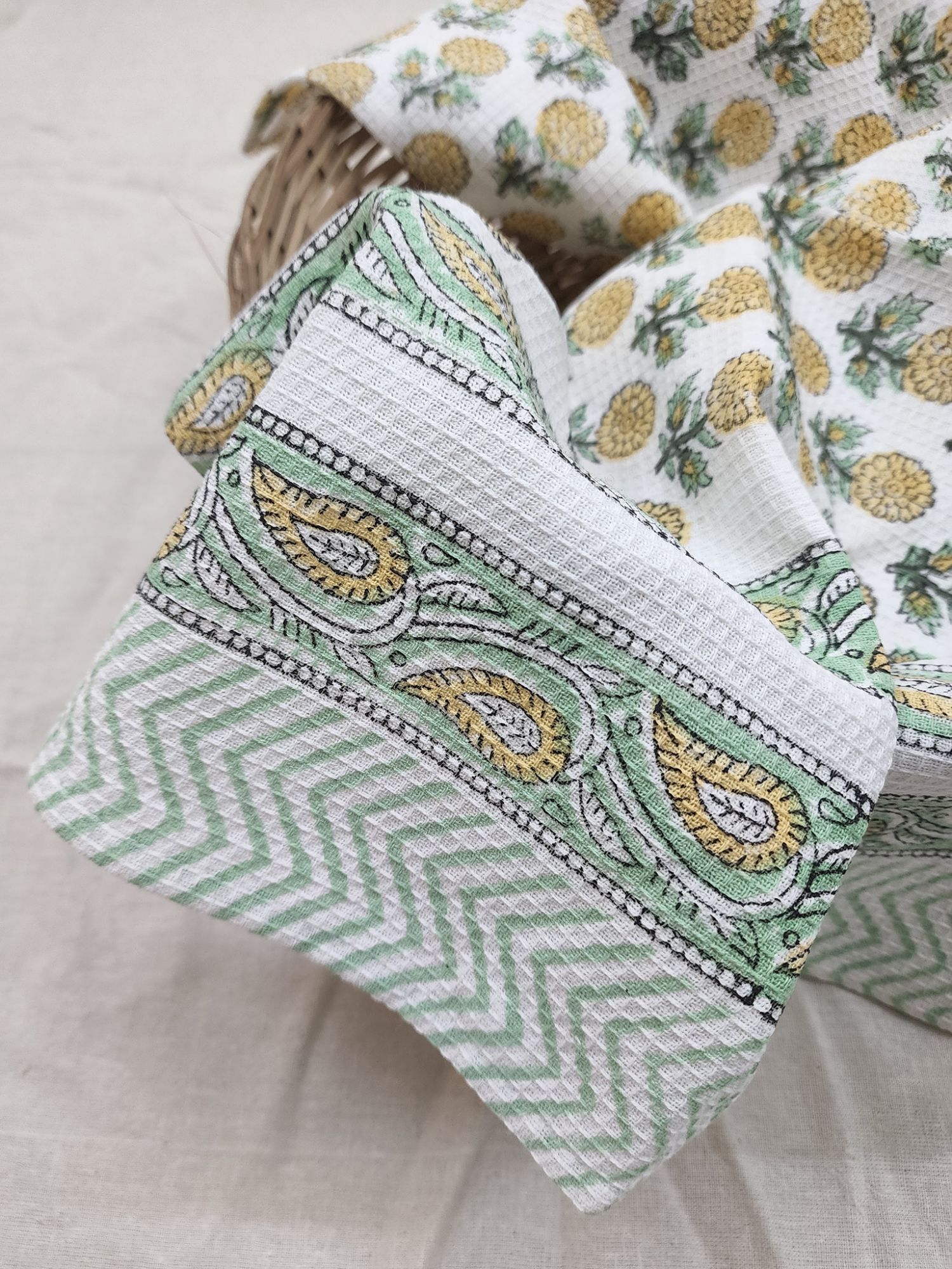 Biyoku Pure Cotton Hand Block Printed Bath Towel Mustard Yellow Green Genda