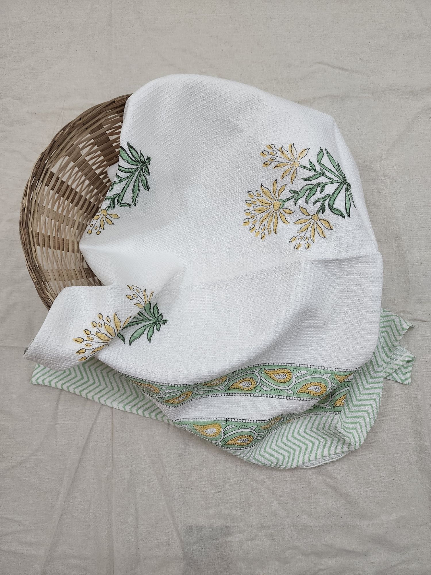 Biyoku Pure Cotton Hand Block Printed Bath Towel Mustard Yellow Green Noor