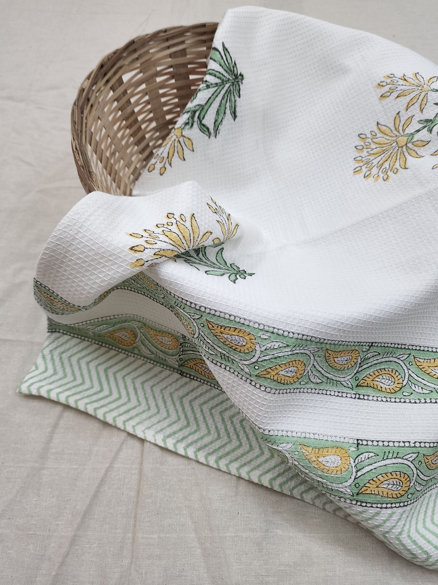 Biyoku Pure Cotton Hand Block Printed Bath Towel Mustard Yellow Green Noor