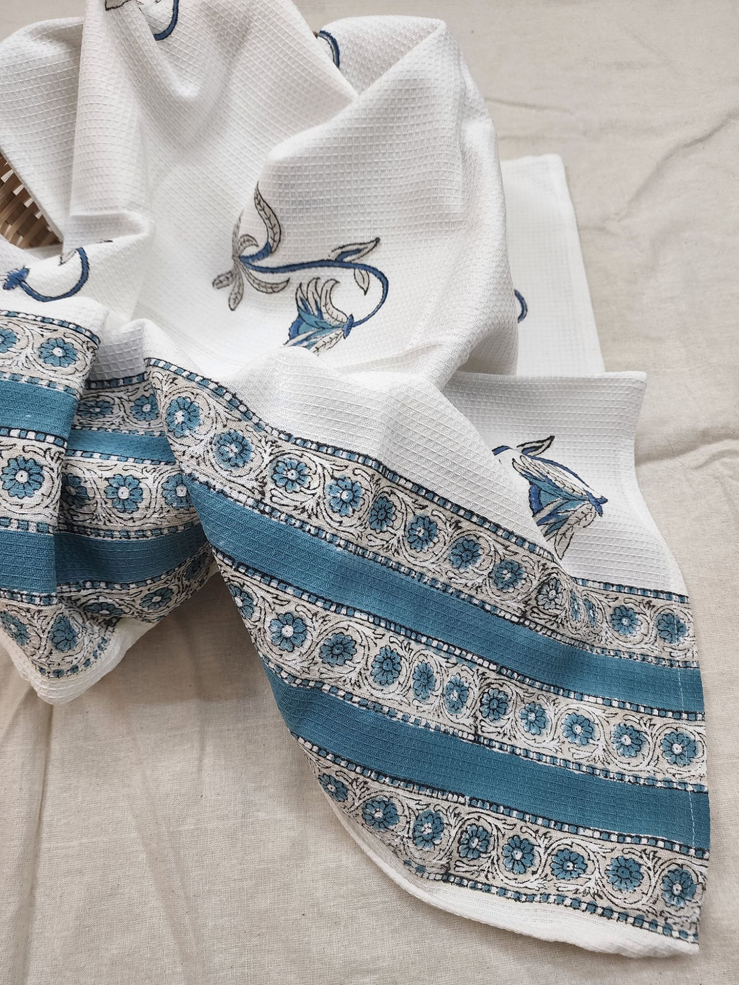 Biyoku Pure Cotton Hand Block Printed Bath Towel Blue Grey Mehraab