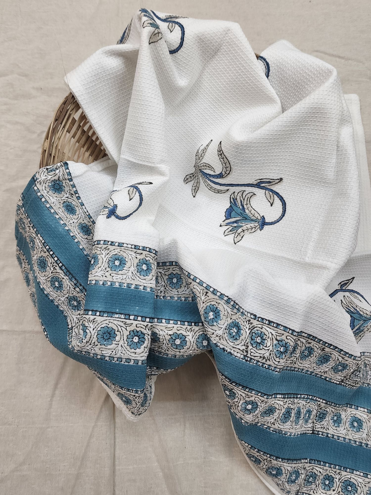 Biyoku Pure Cotton Hand Block Printed Bath Towel Blue Grey Mehraab