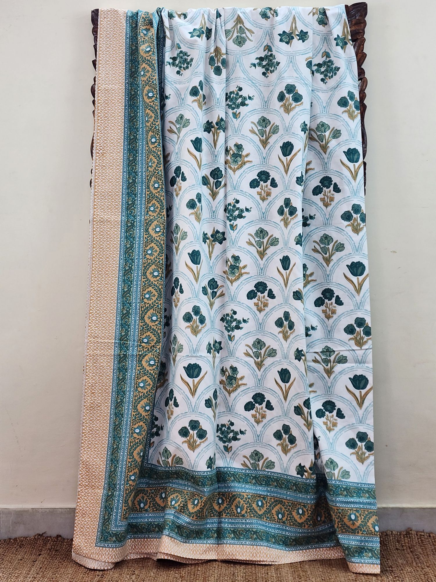 Bhadran Pure Cotton Handmade Artisanal Kingsize Double Bedsheet Tulip Motif