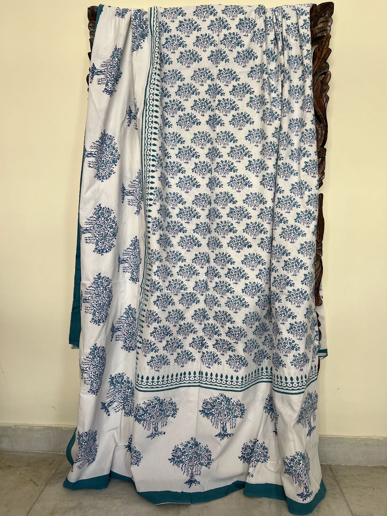 Aabaad Bargad Pure Cotton hand block Printed Super Kingsize Bedsheet Teal Blue