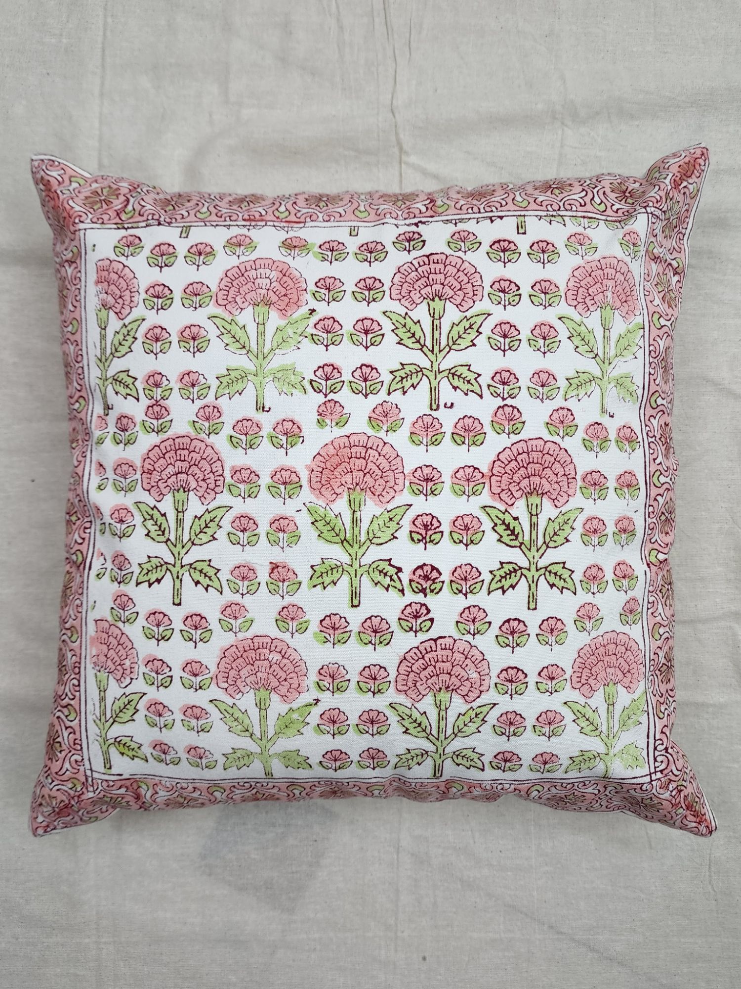 Aagosh Pure Cotton Canvas Artisanal Hand Block Printed Cushion Cover 16x16 inch Blush Pink