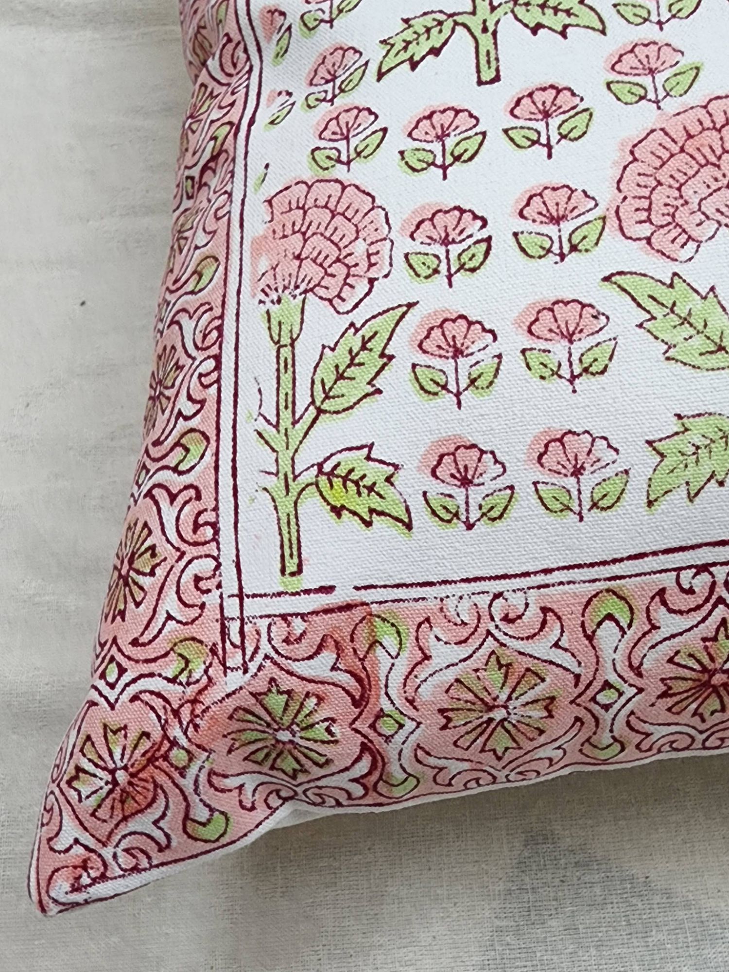 Aagosh Pure Cotton Canvas Artisanal Hand Block Printed Cushion Cover 16x16 inch Blush Pink