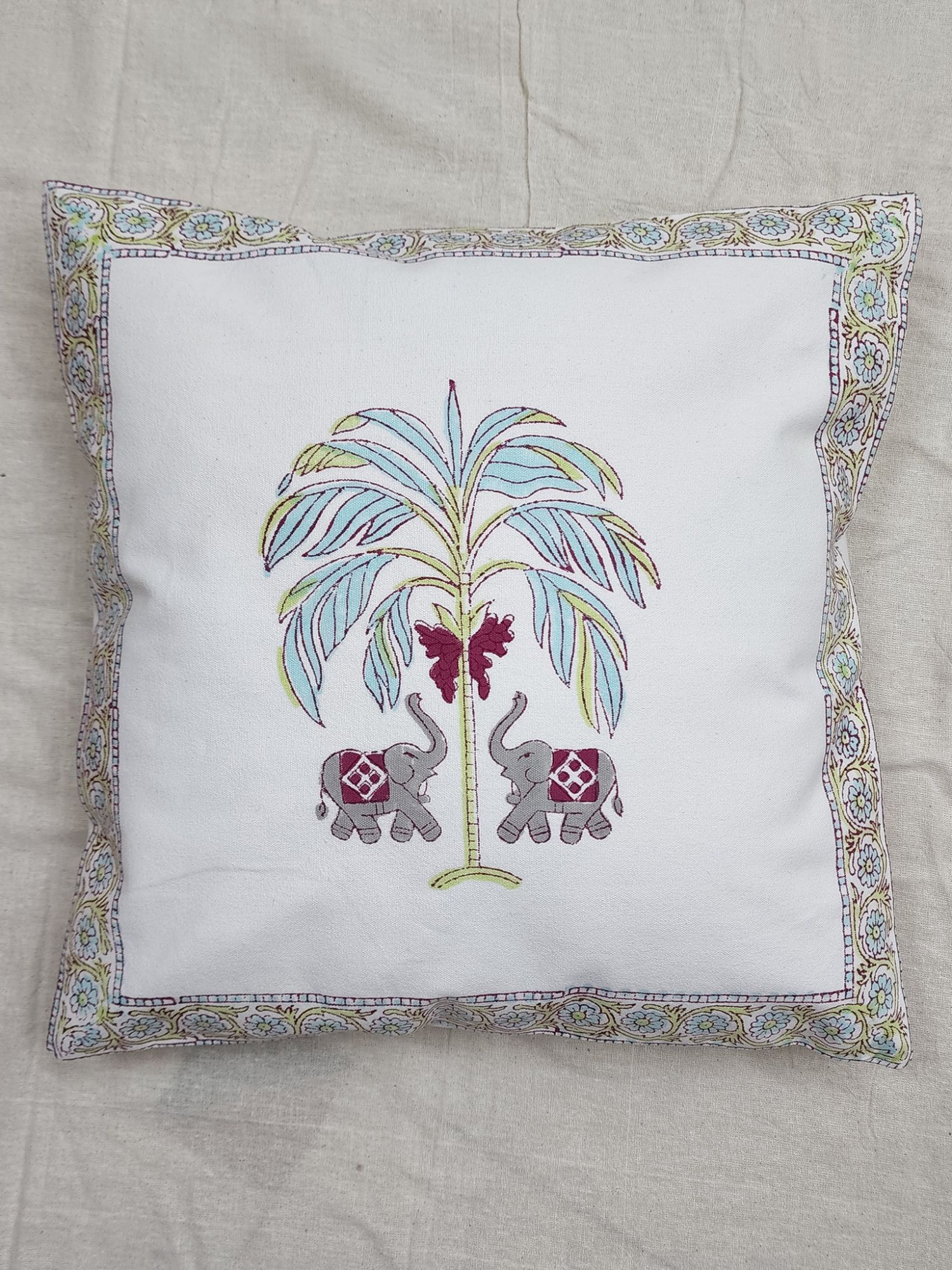 Aagosh Pure Cotton Canvas Artisanal Hand Block Printed Cushion Cover 16x16 inch Electric Blue