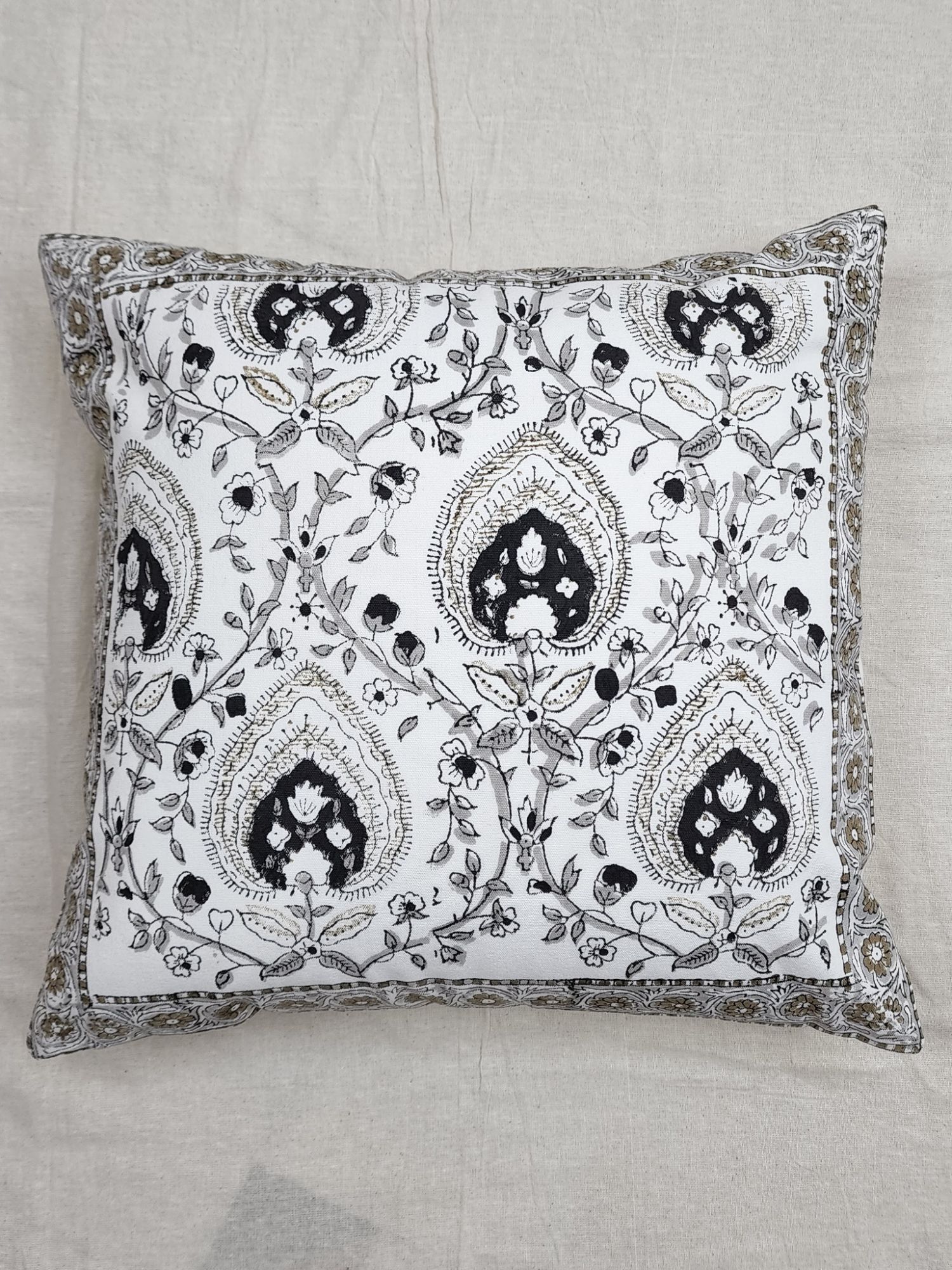 Aagosh Pure Cotton Canvas Artisanal Hand Block Printed Cushion Cover 16x16 inch Pale Gray