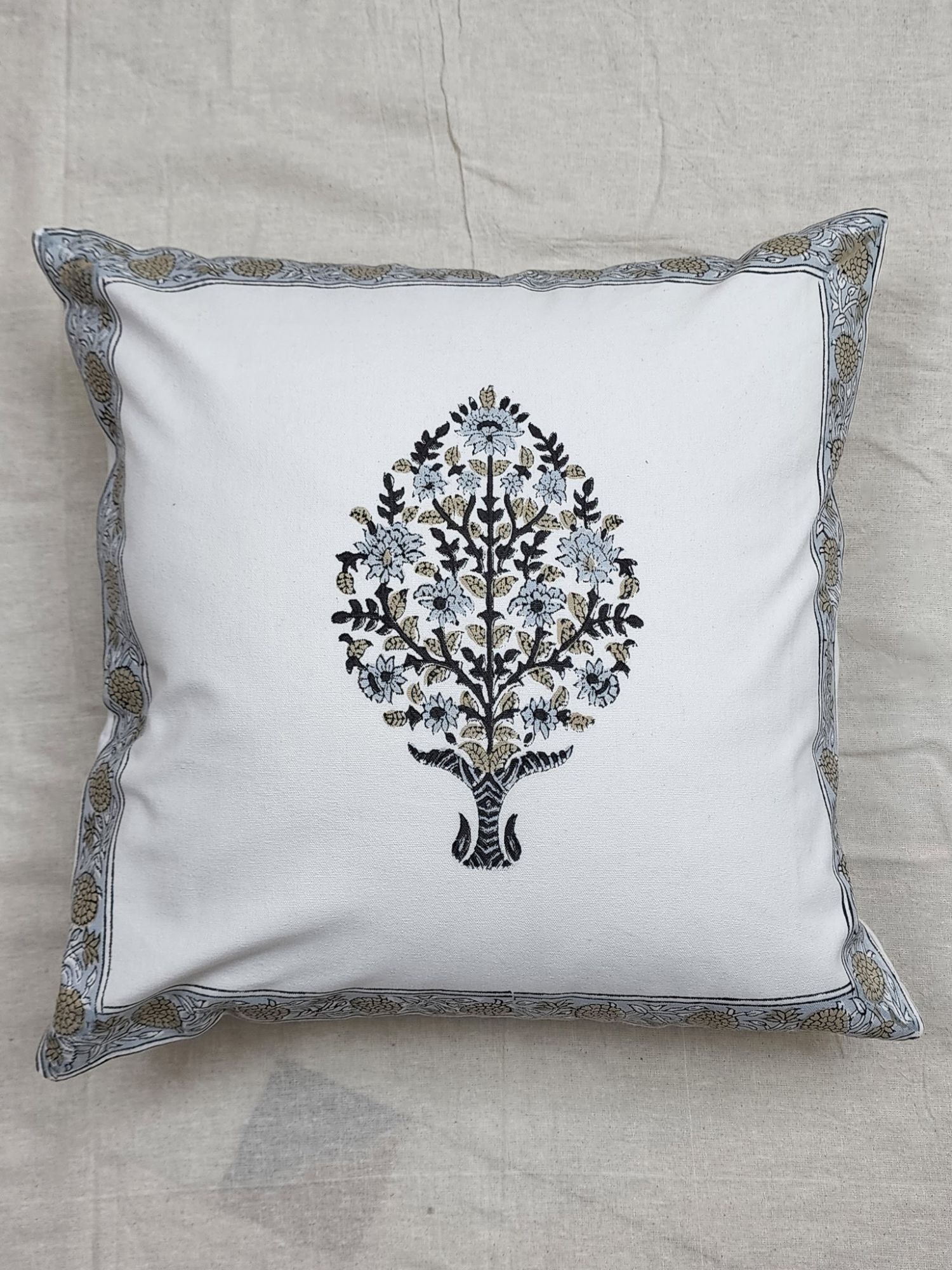 Aagosh Pure Cotton Canvas Artisanal Hand Block Printed Cushion Cover 16x16 inch Powder Blue