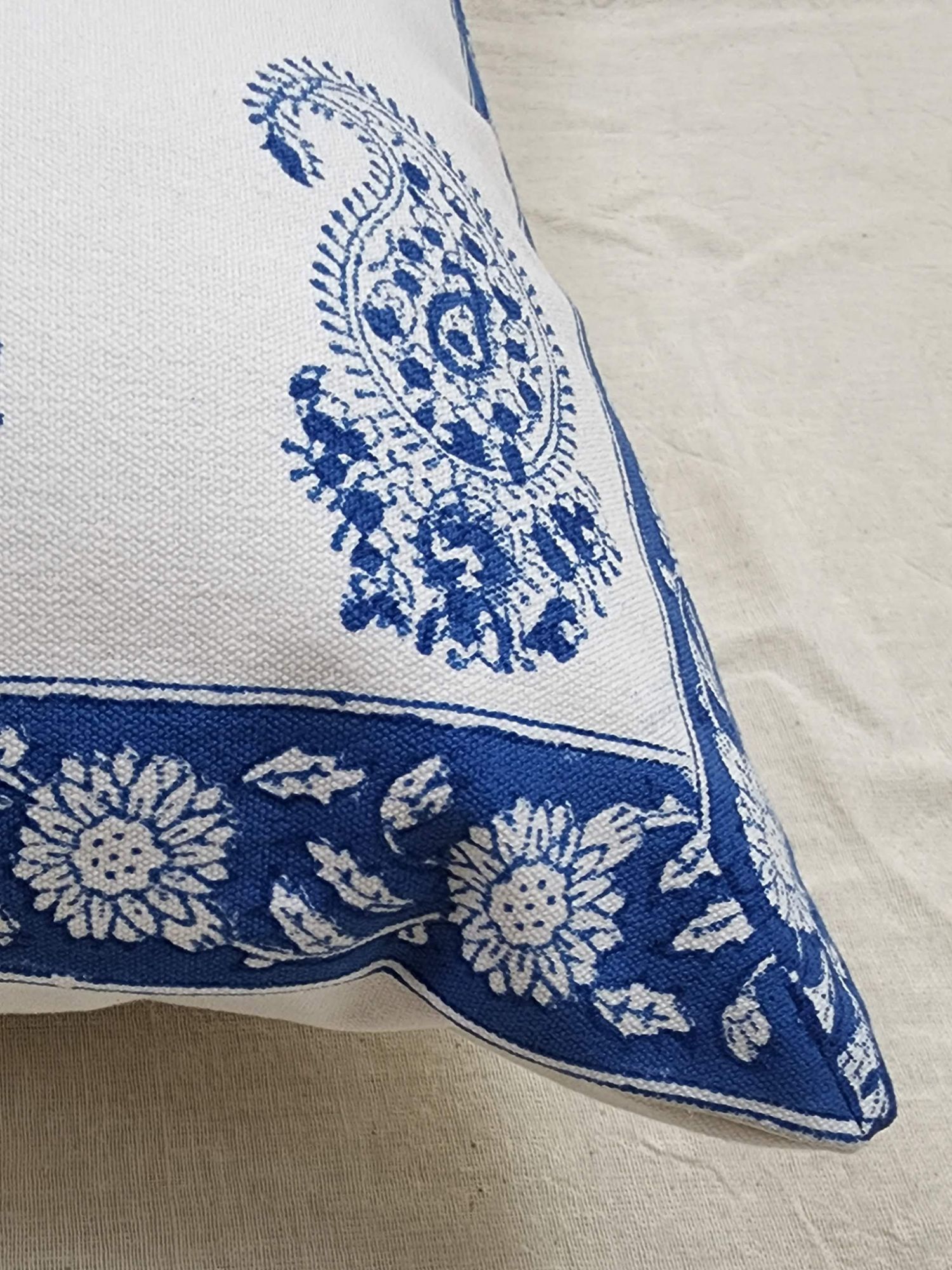 Aagosh Pure Cotton Canvas Artisanal Hand Block Printed Cushion Cover 16x16 inch Royal Blue