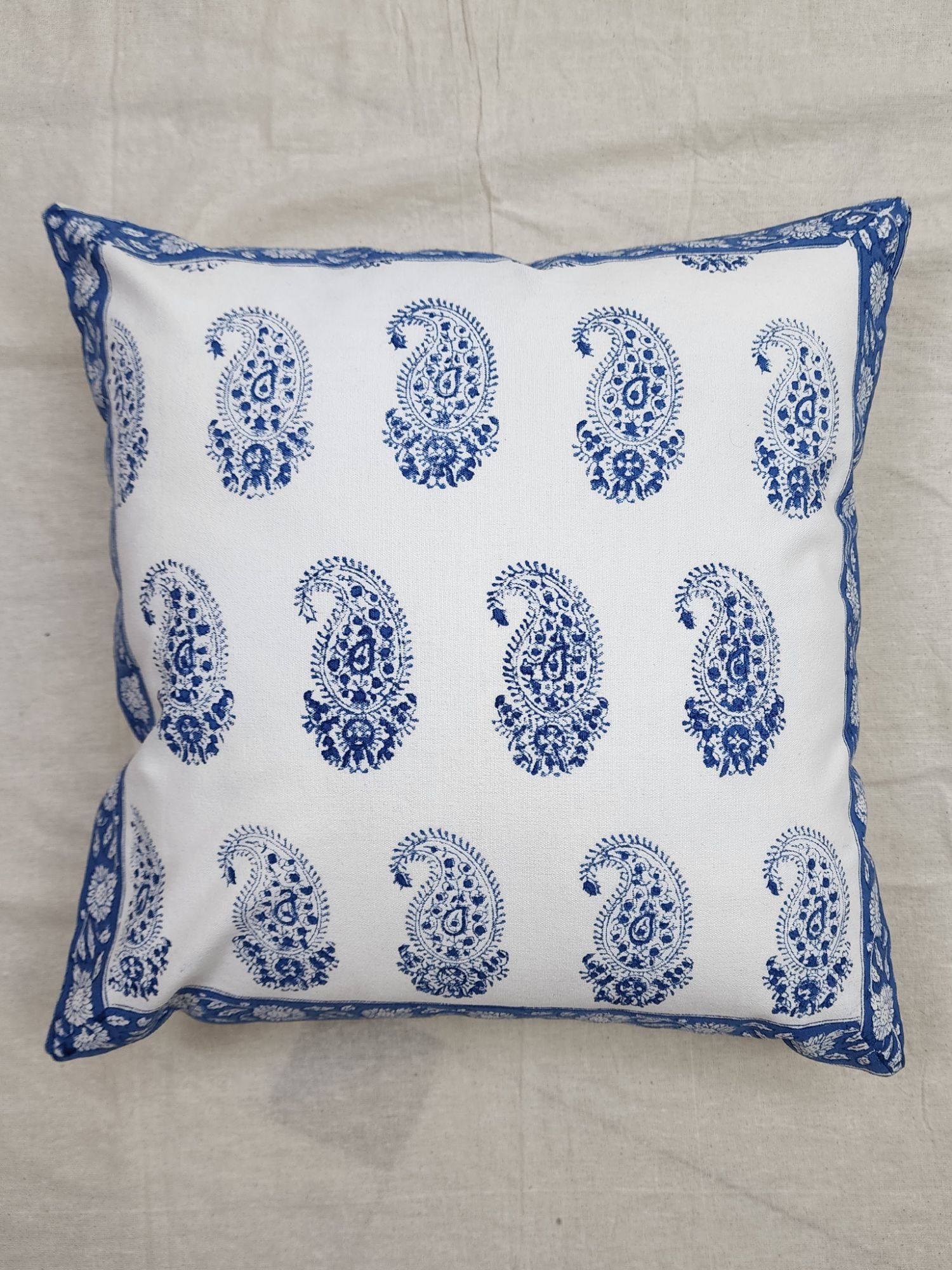 Aagosh Pure Cotton Canvas Artisanal Hand Block Printed Cushion Cover 16x16 inch Royal Blue