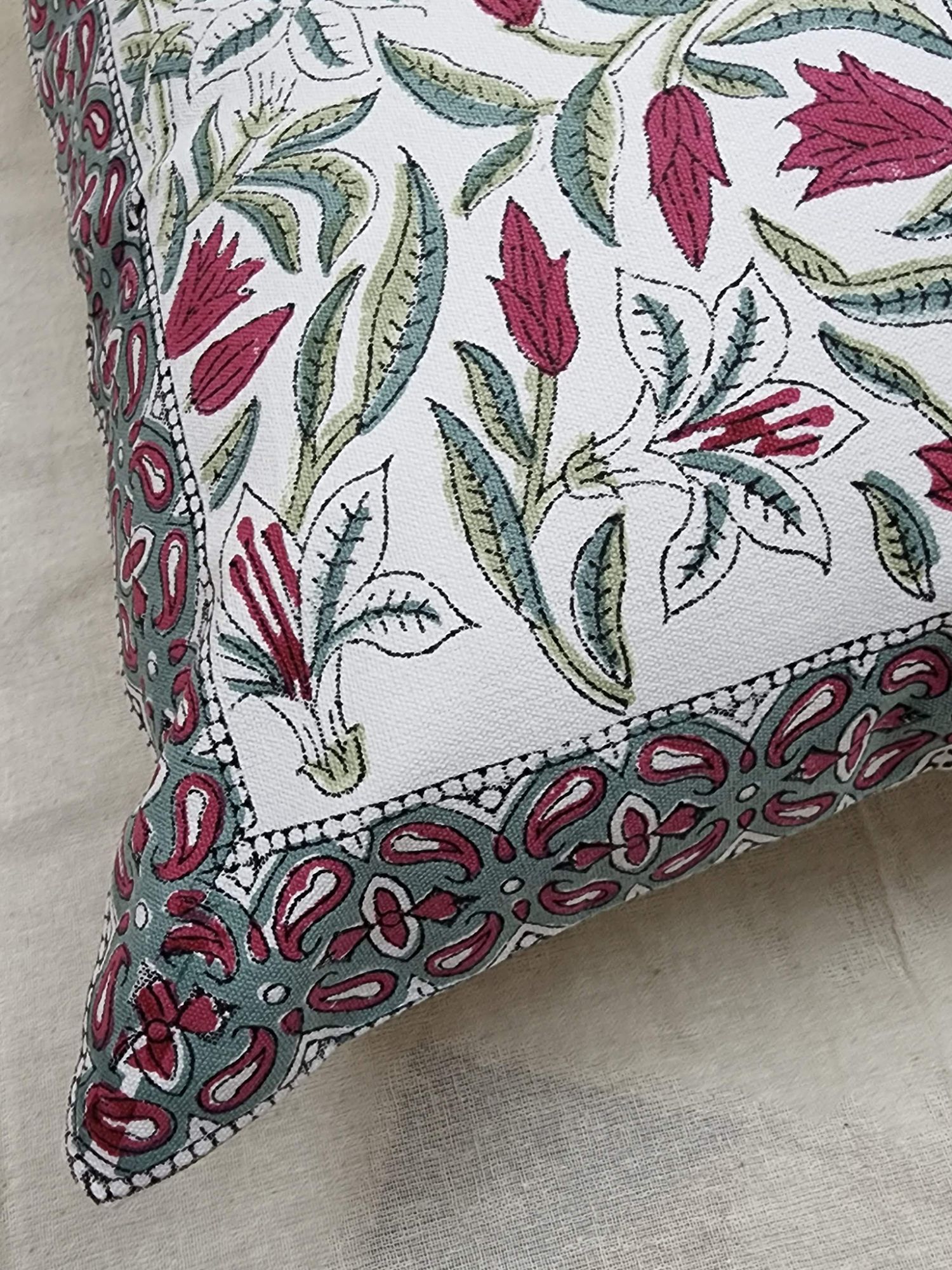 Aagosh Pure Cotton Canvas Artisanal Hand Block Printed Cushion Cover 16x16 inch Sangria Red