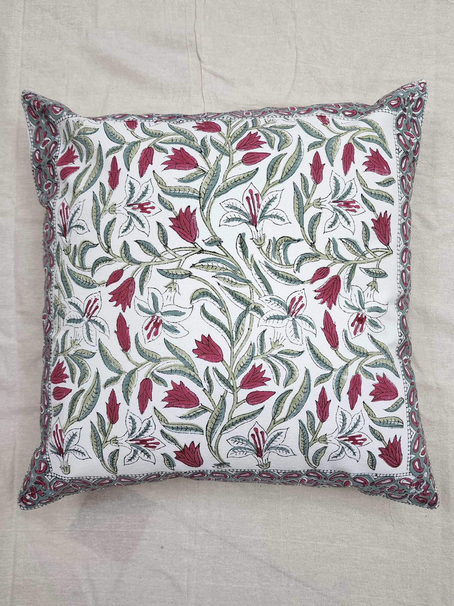 Aagosh Pure Cotton Canvas Artisanal Hand Block Printed Cushion Cover 16x16 inch Sangria Red