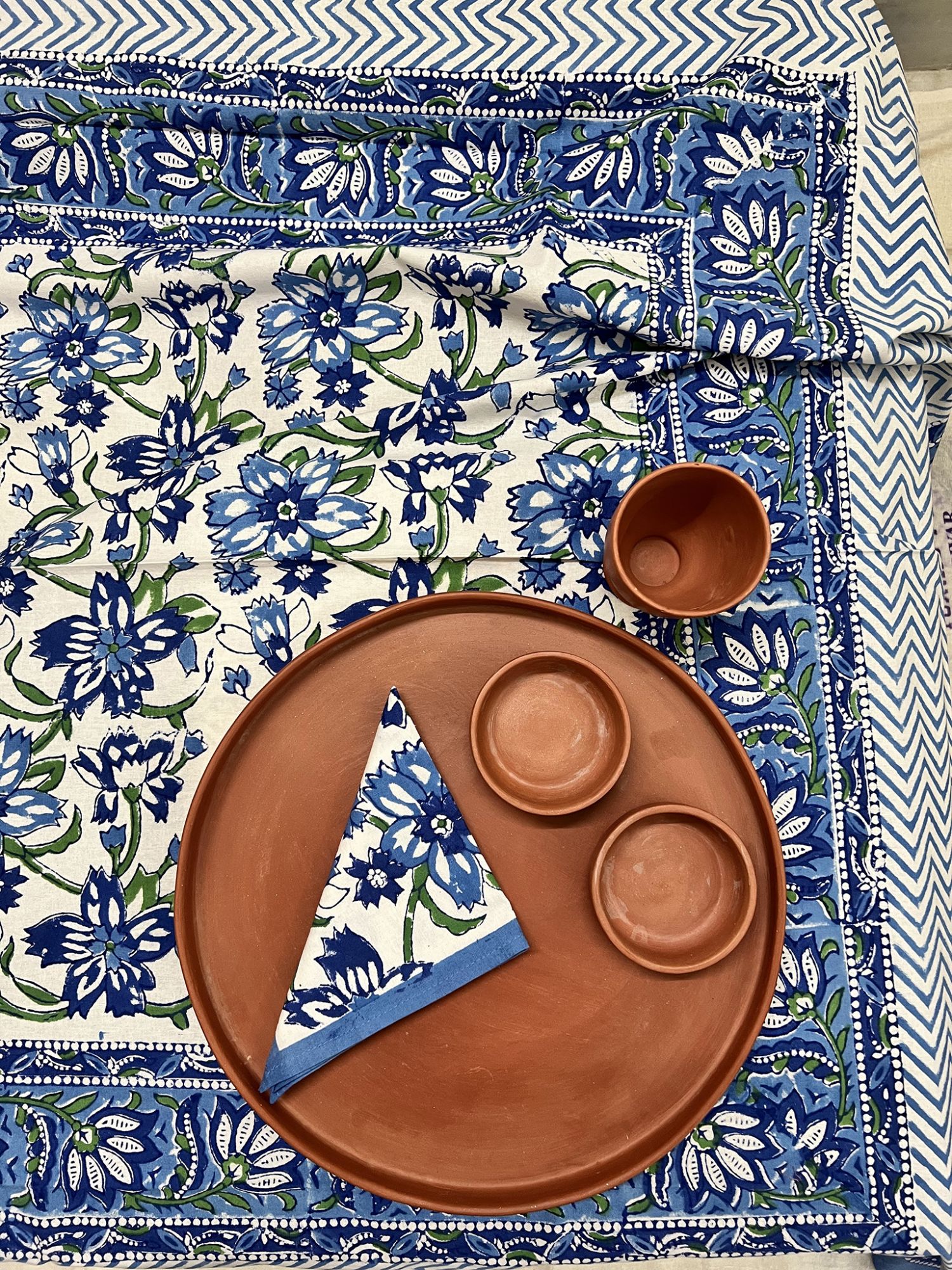 Aalaap 6 Seater hand block Printed Cotton Blue Green Table Cover Aakriti