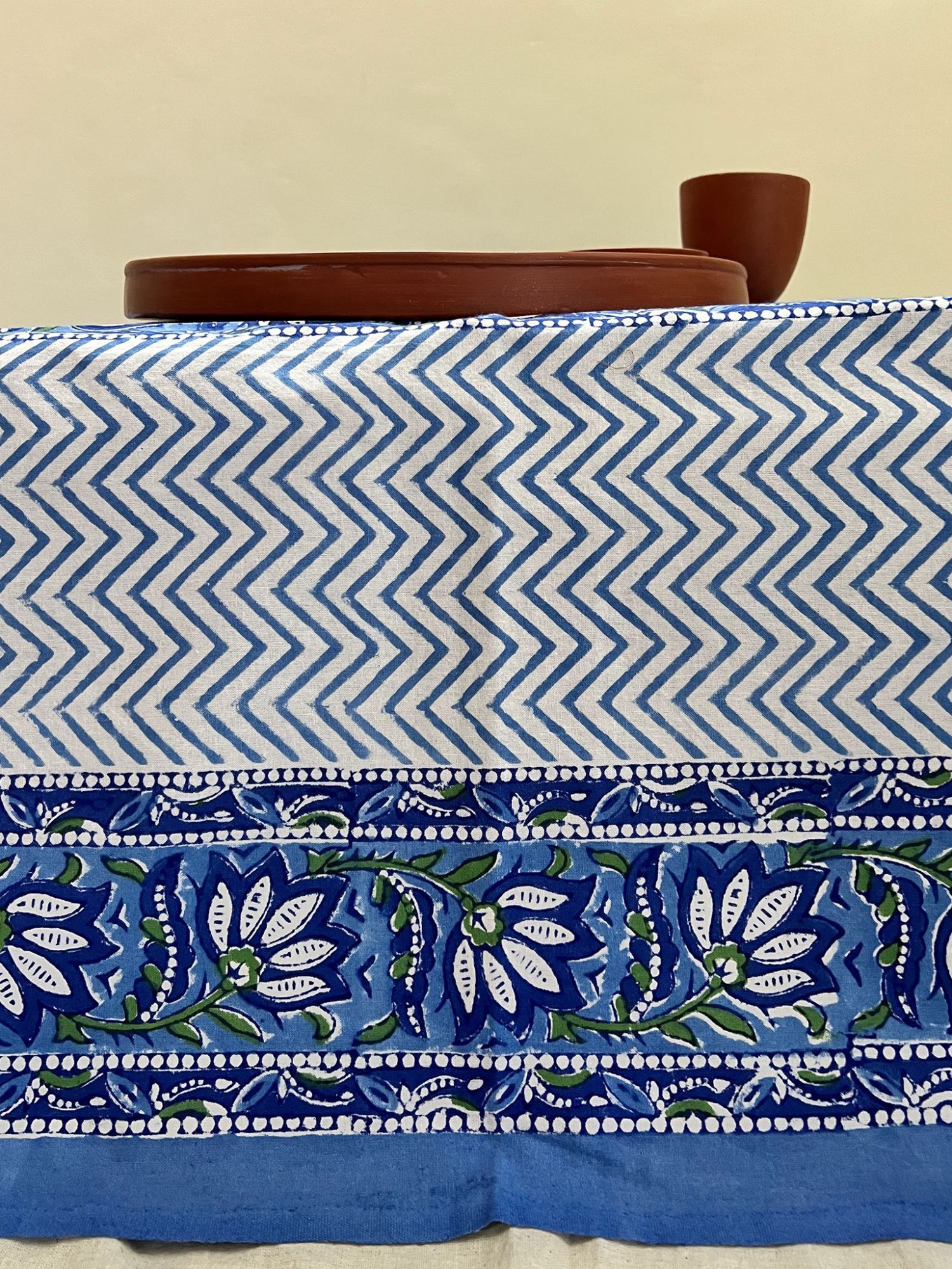 Aalaap 6 Seater hand block Printed Cotton Blue Green Table Cover Aakriti
