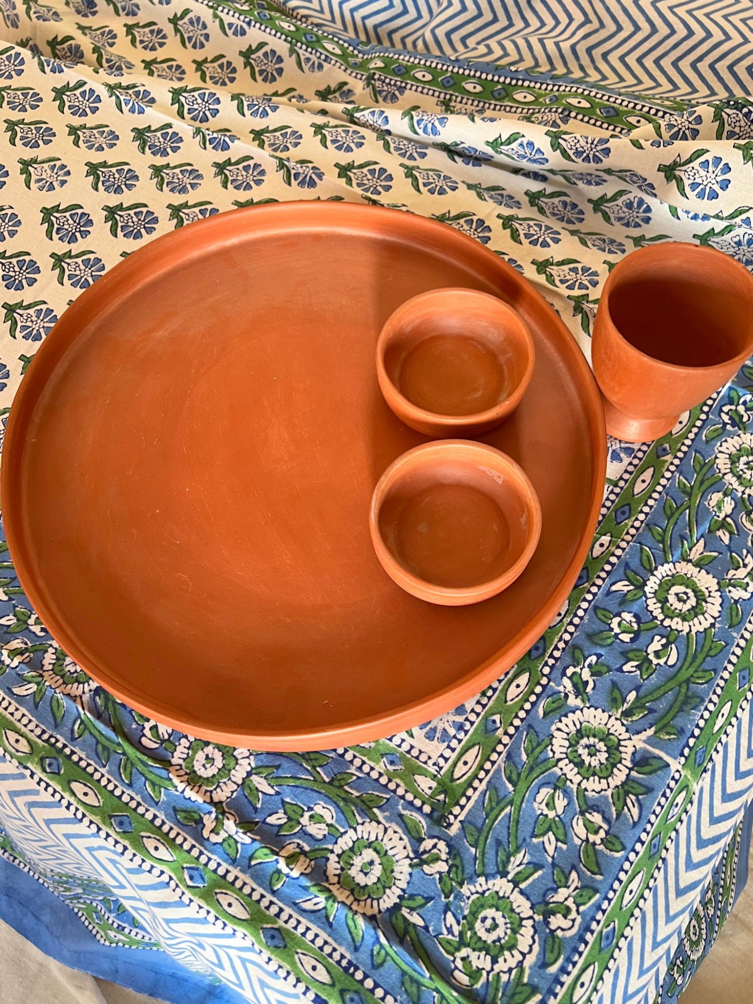 Aalaap 6 Seater hand block Printed Cotton Blue Green Table Cover Jharbatti