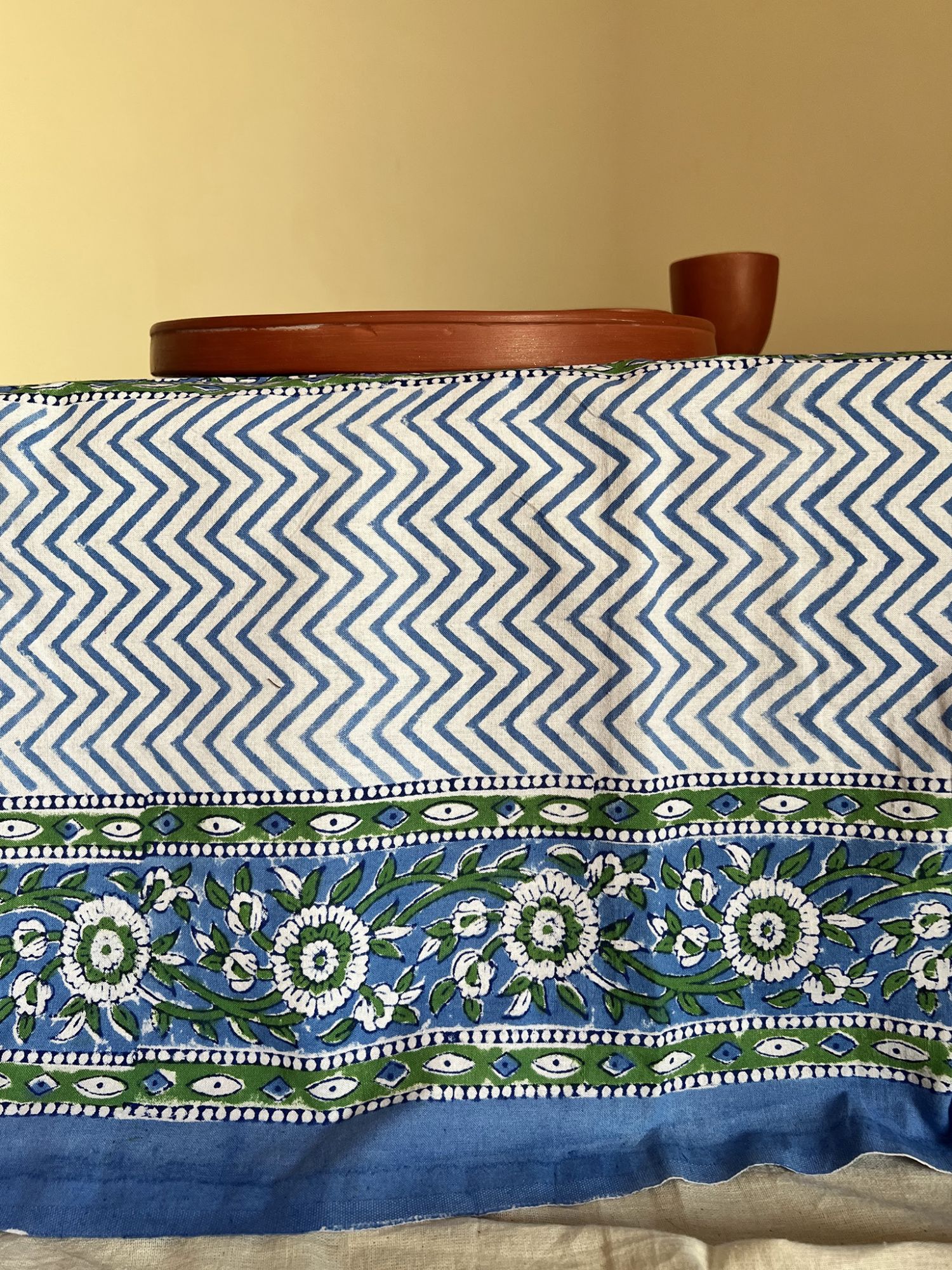 Aalaap 6 Seater hand block Printed Cotton Blue Green Table Cover Jharbatti