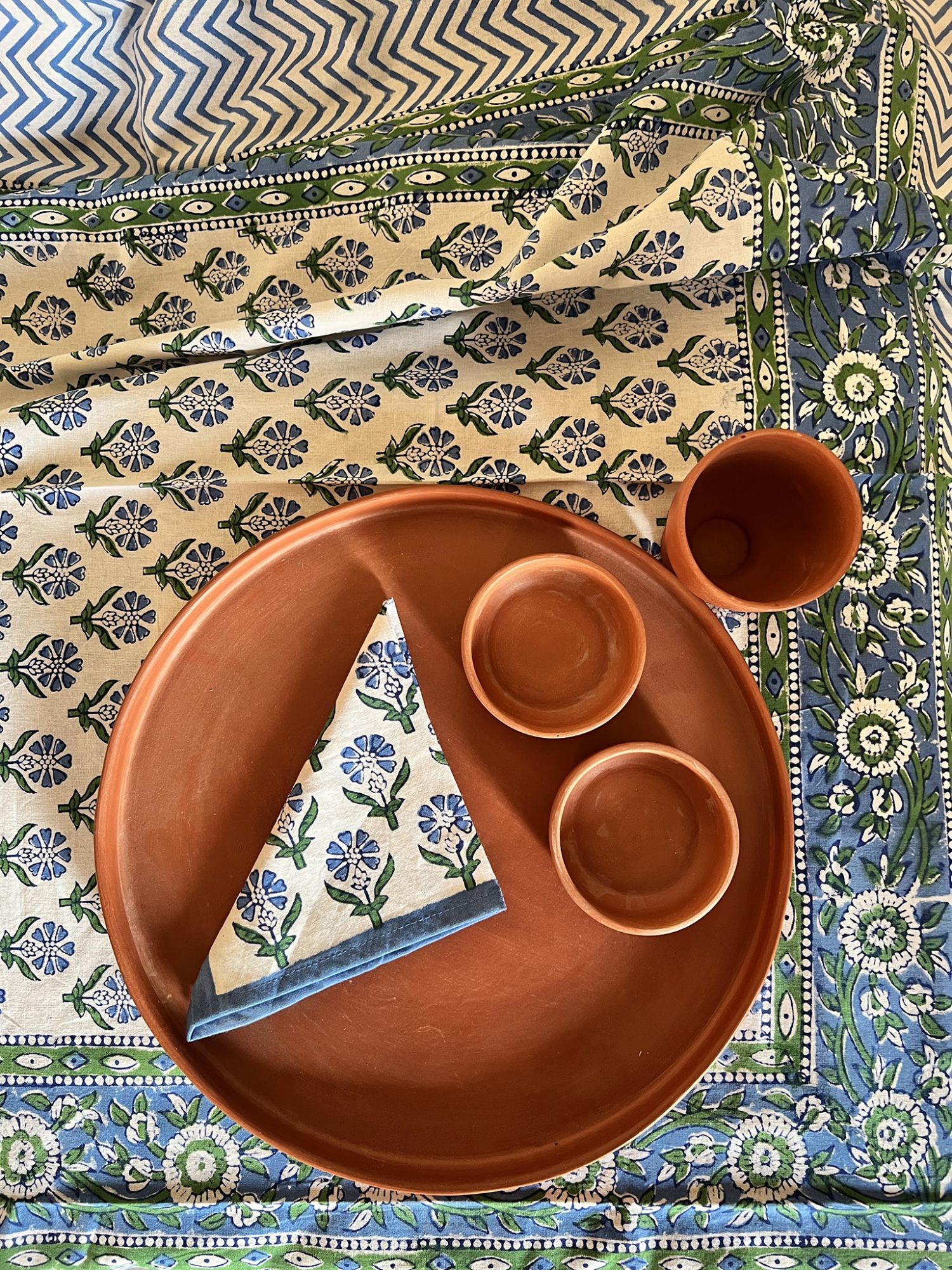 Aalaap 6 Seater hand block Printed Cotton Blue Green Table Cover Jharbatti