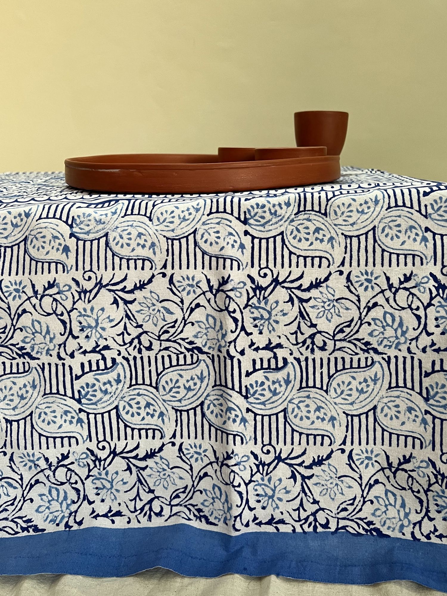 Aalaap 6 Seater hand block Printed Cotton Blue Table Cover Kairi