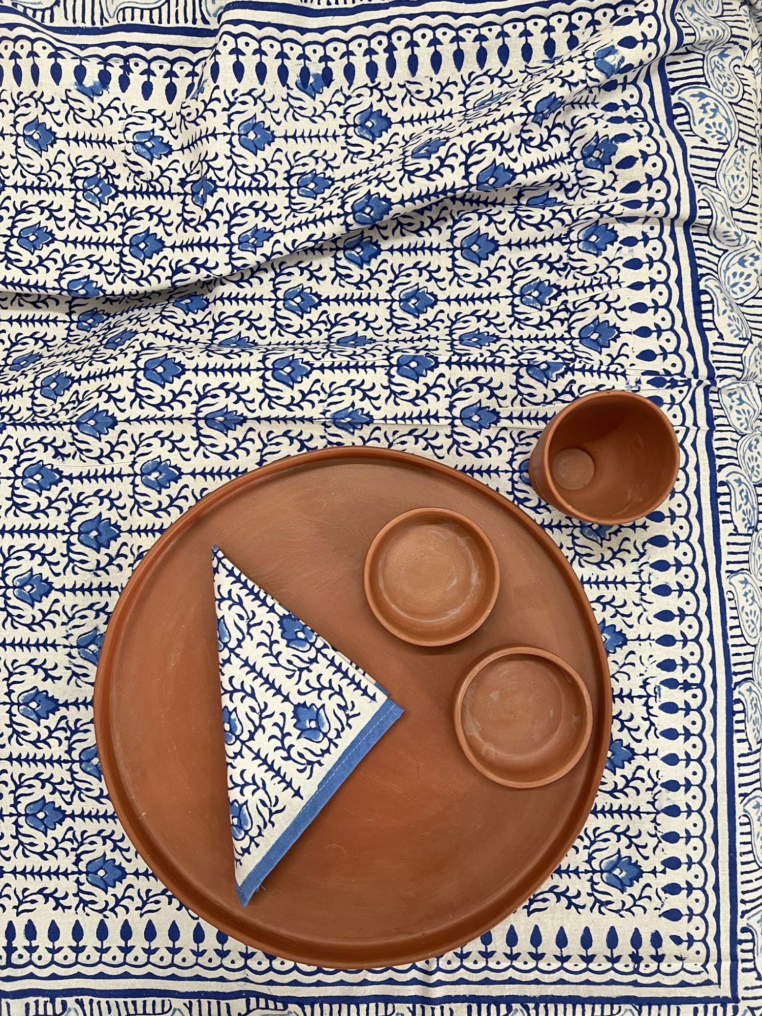 Aalaap 6 Seater hand block Printed Cotton Blue Table Cover Kairi