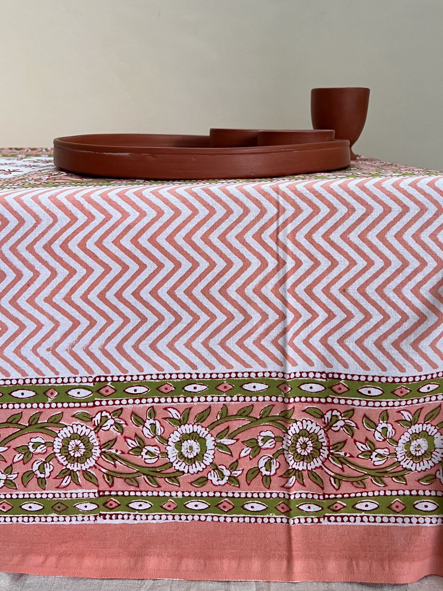 Aalaap 6 Seater hand block Printed Cotton Peach Olive Green Table Cover Bahaar