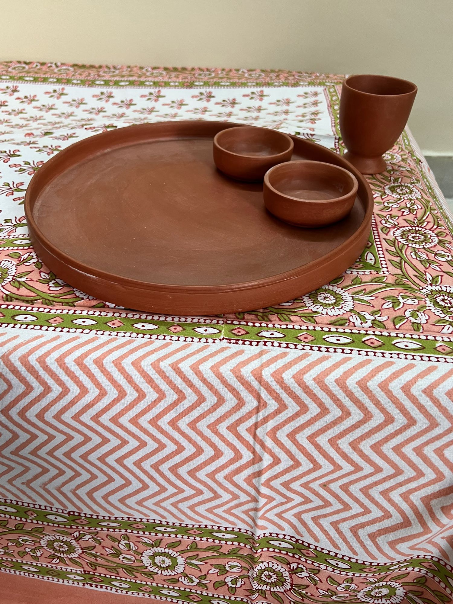 Aalaap 6 Seater hand block Printed Cotton Peach Olive Green Table Cover Bahaar