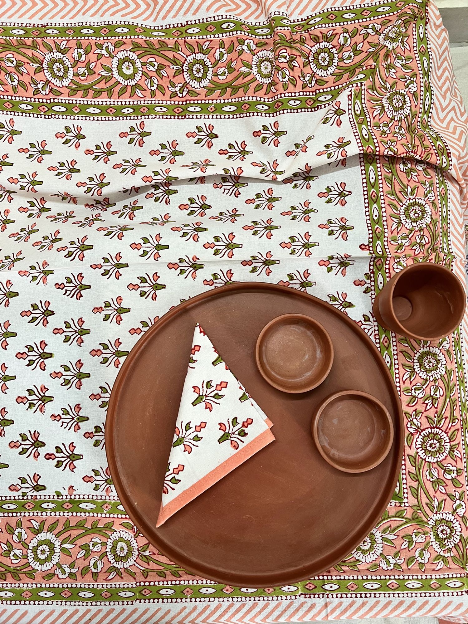 Aalaap 6 Seater hand block Printed Cotton Peach Olive Green Table Cover Bahaar