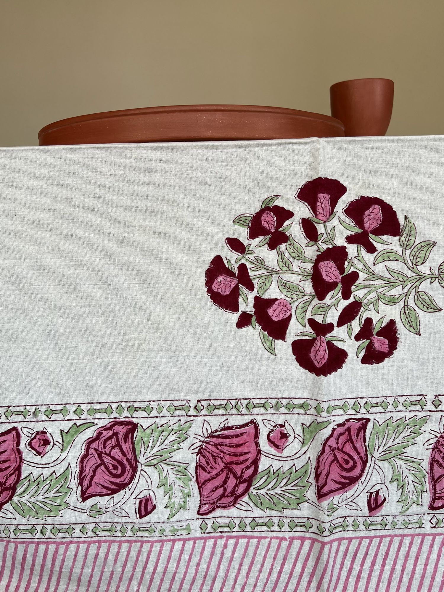 Aalaap 6 Seater hand block Printed Cotton Pink Burnt Rose Table Cover Saanjh