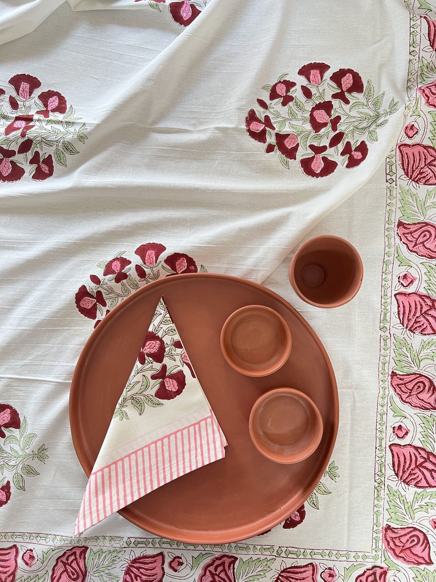 Aalaap 6 Seater hand block Printed Cotton Pink Burnt Rose Table Cover Saanjh