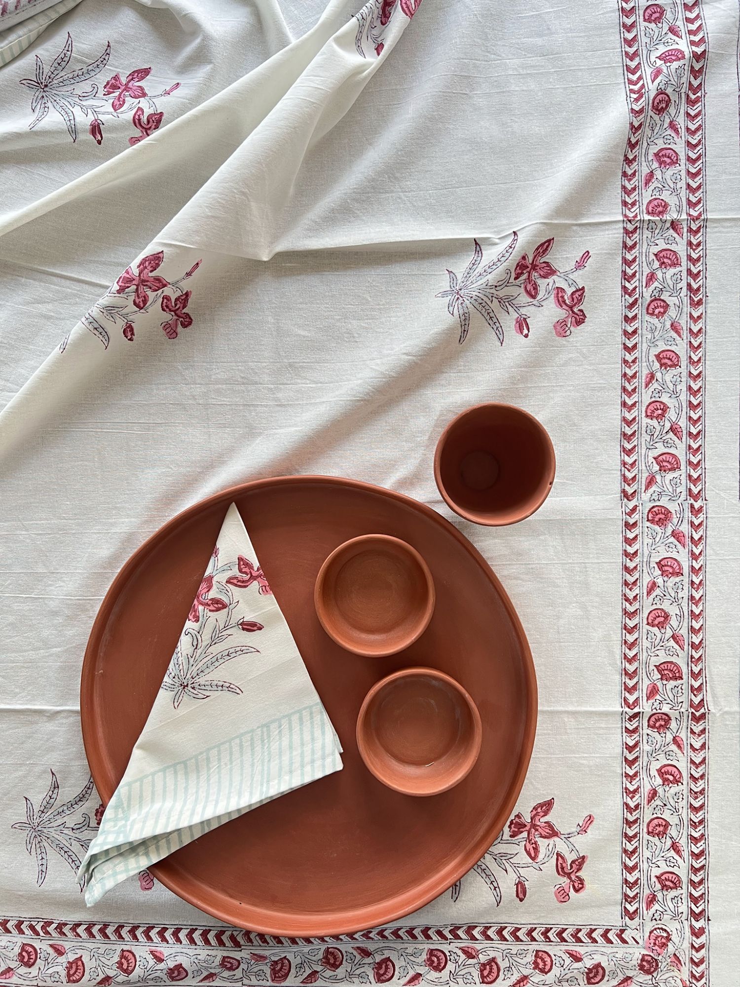 Aalaap 6 Seater hand block Printed Cotton Pink Burnt Rose Table Cover Taare