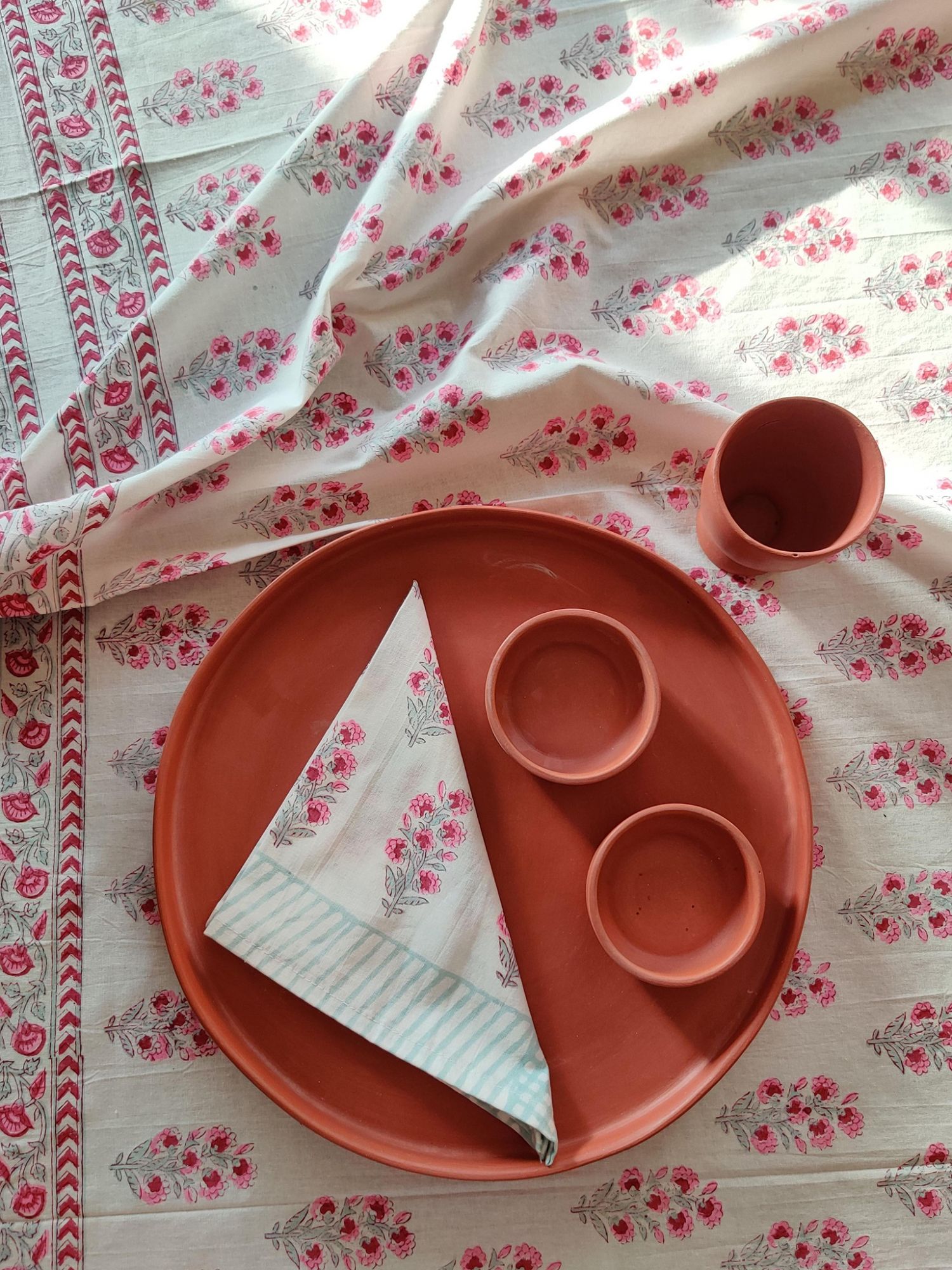 Aalaap 6 Seater Hand block Printed Cotton Pink Burnt Rose Table Cover Boond