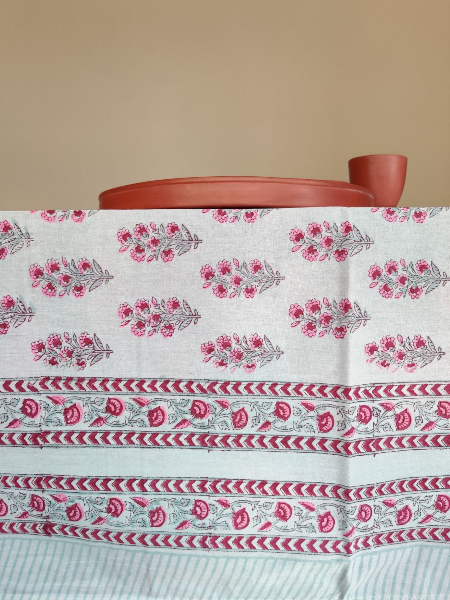 Aalaap 6 Seater Hand block Printed Cotton Pink Burnt Rose Table Cover Boond