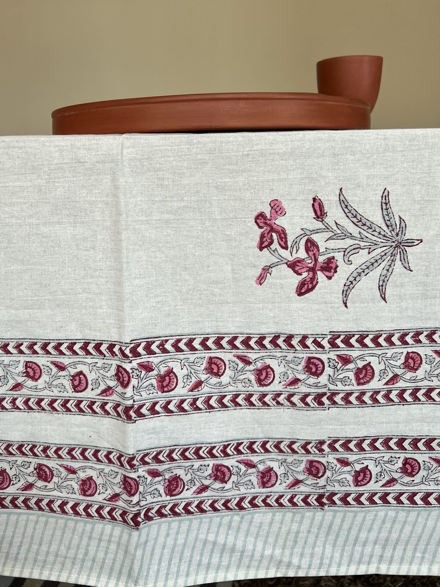 Aalaap 6 Seater hand block Printed Cotton Pink Burnt Rose Table Cover Taare