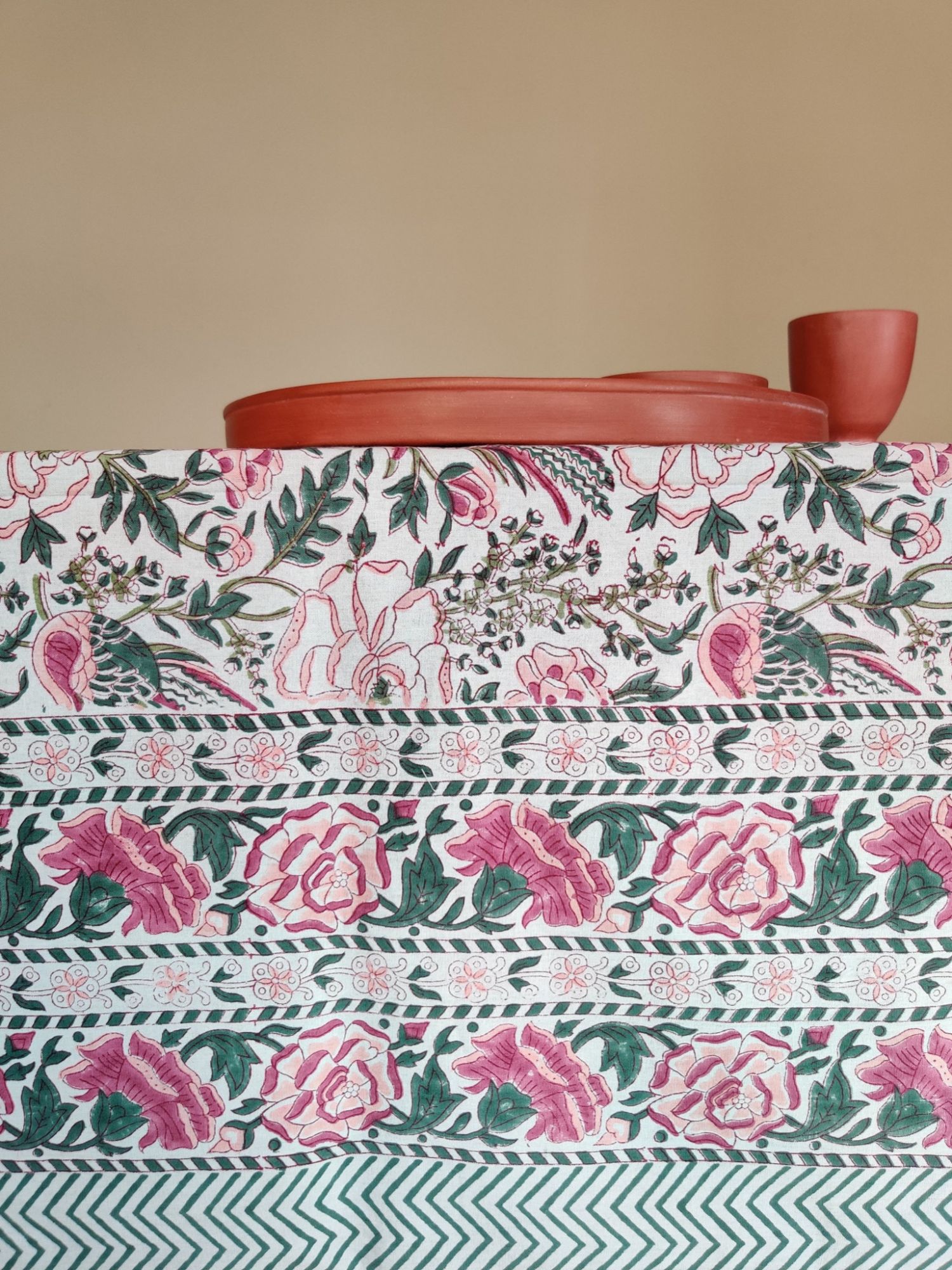 Aalaap 6 Seater hand block Printed Cotton Pink Dark Green Table Cover Baagh-e-Noor