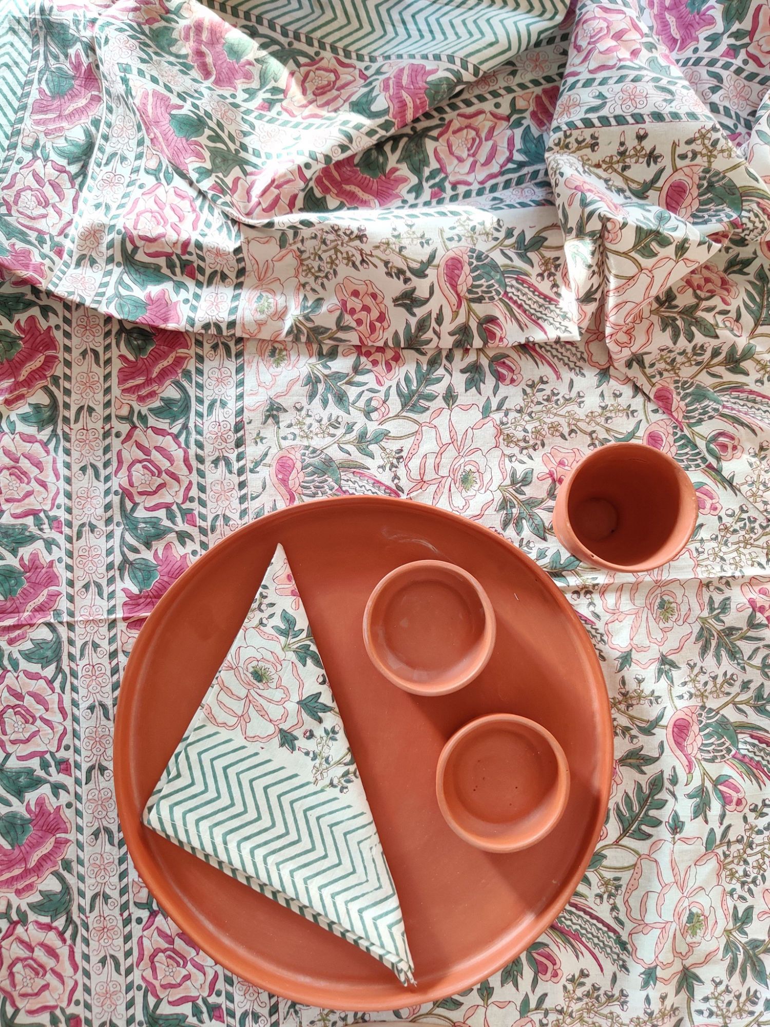 Aalaap 6 Seater hand block Printed Cotton Pink Dark Green Table Cover Baagh-e-Noor