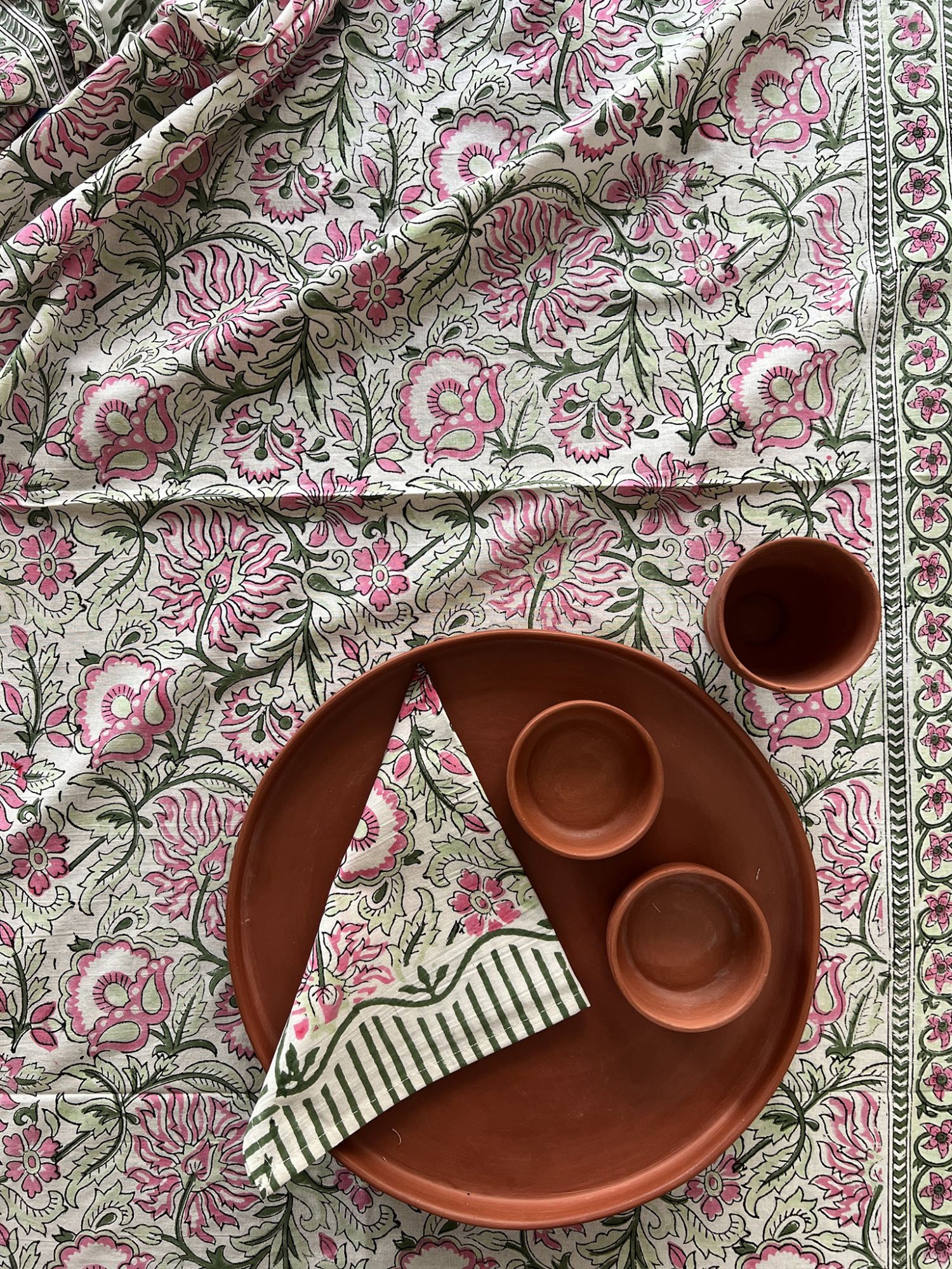 Aalaap 6 Seater hand block Printed Cotton Pink Dark Green Table Cover Lata