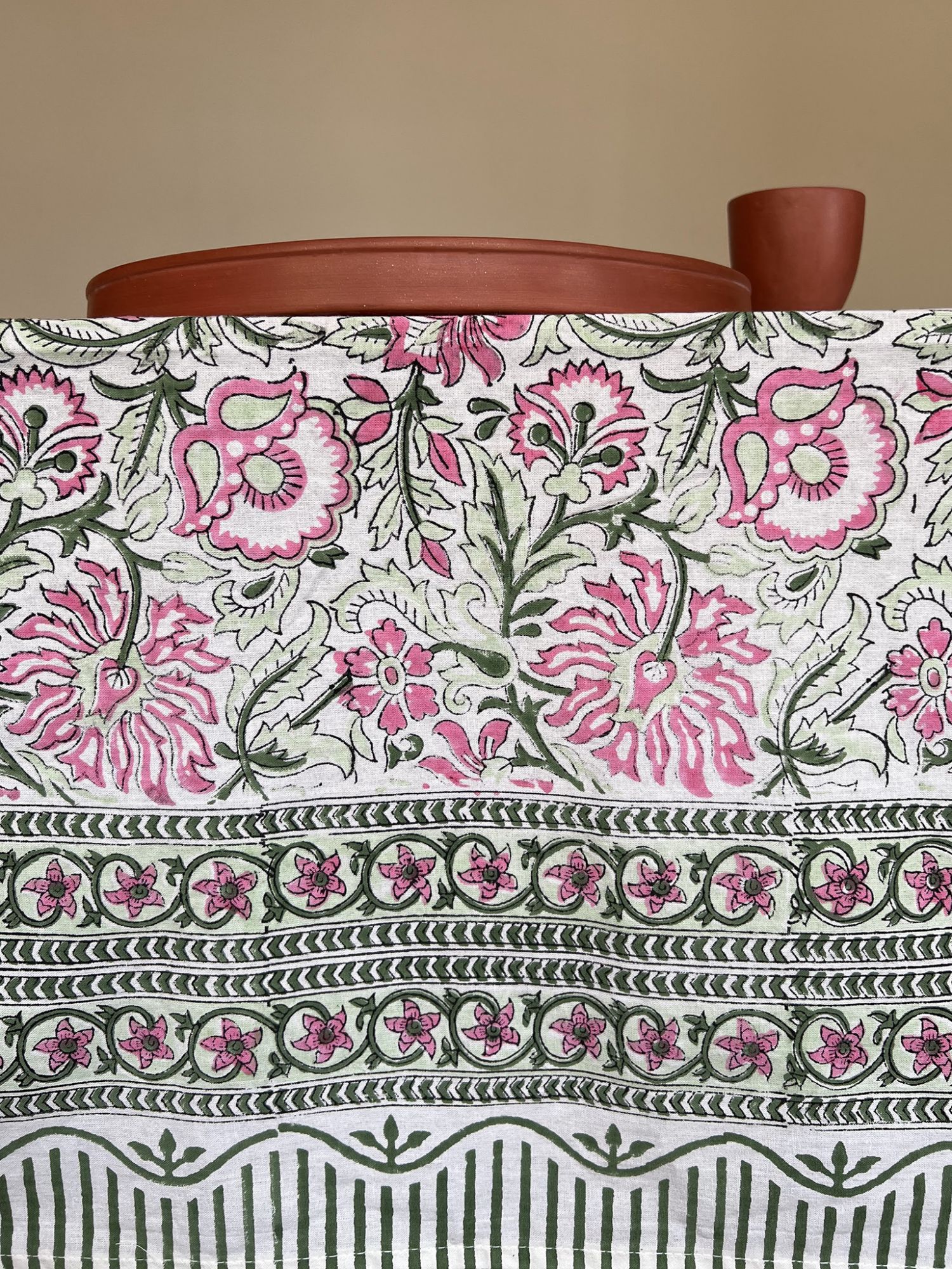 Aalaap 6 Seater hand block Printed Cotton Pink Dark Green Table Cover Lata