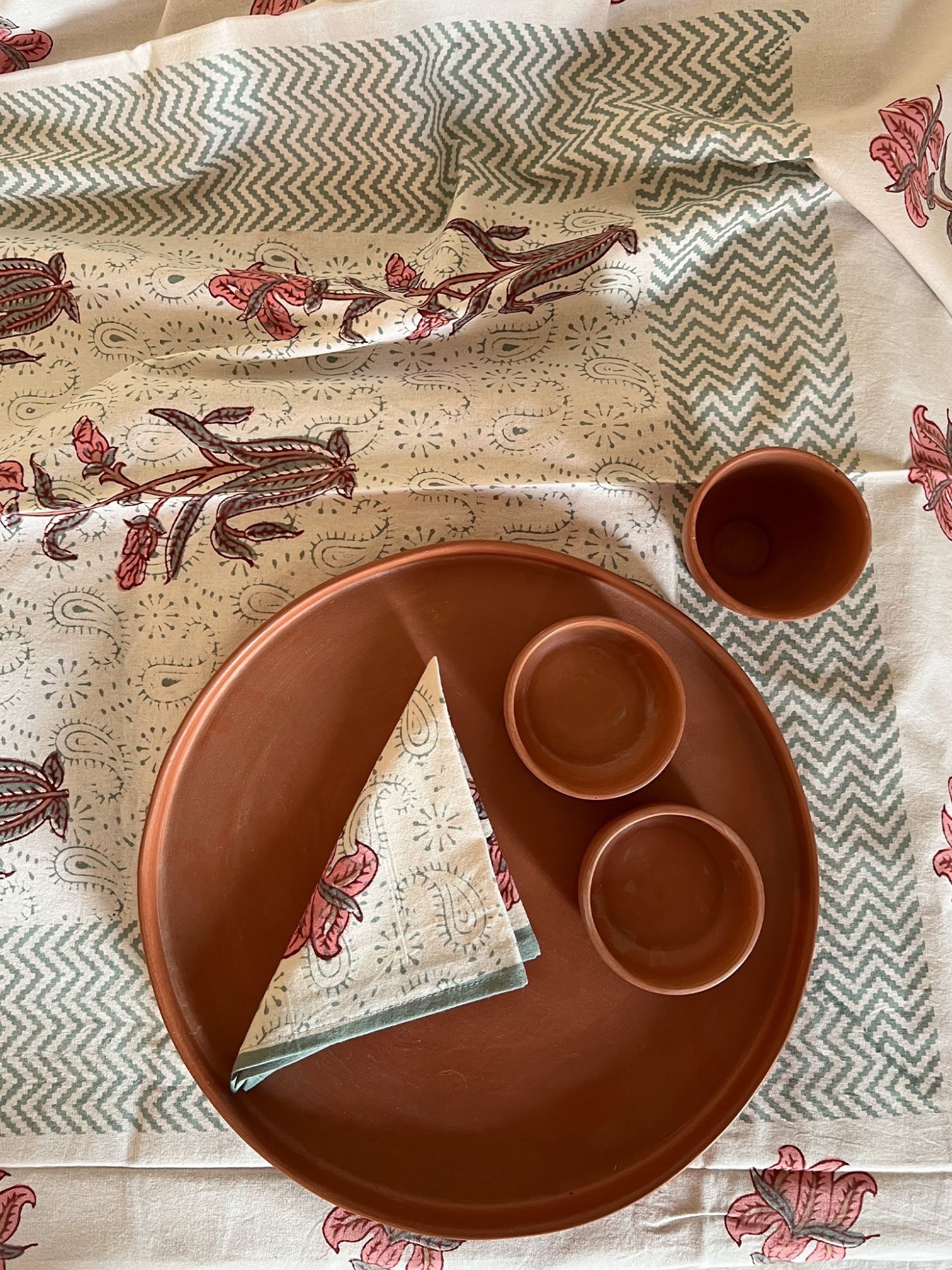 Aalaap 6 Seater hand block Printed Cotton Rouge Pink Sage Green Table Cover Kali