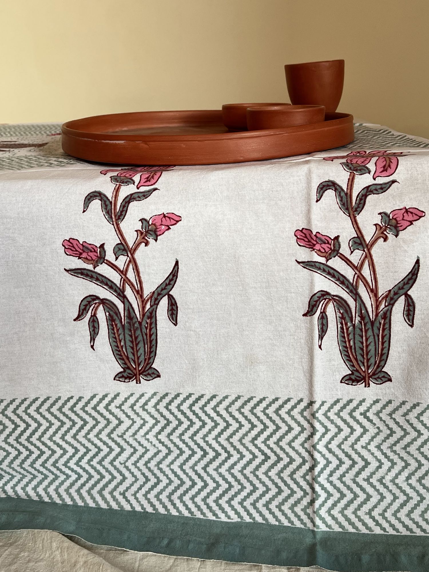 Aalaap 6 Seater hand block Printed Cotton Rouge Pink Sage Green Table Cover Kali