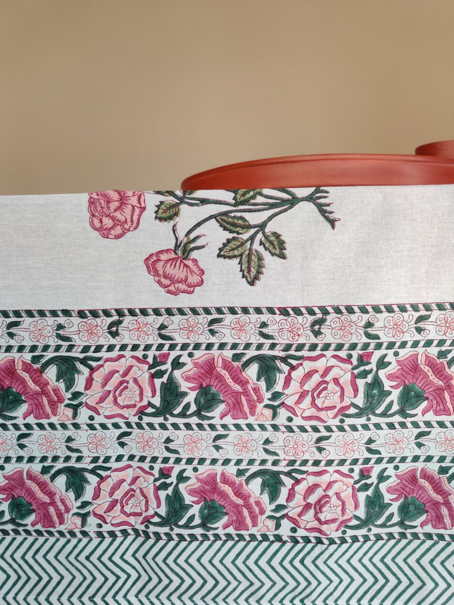 Aalaap 6 Seater hand block Printed Cotton Salmon Pink Table Cover Gulaab