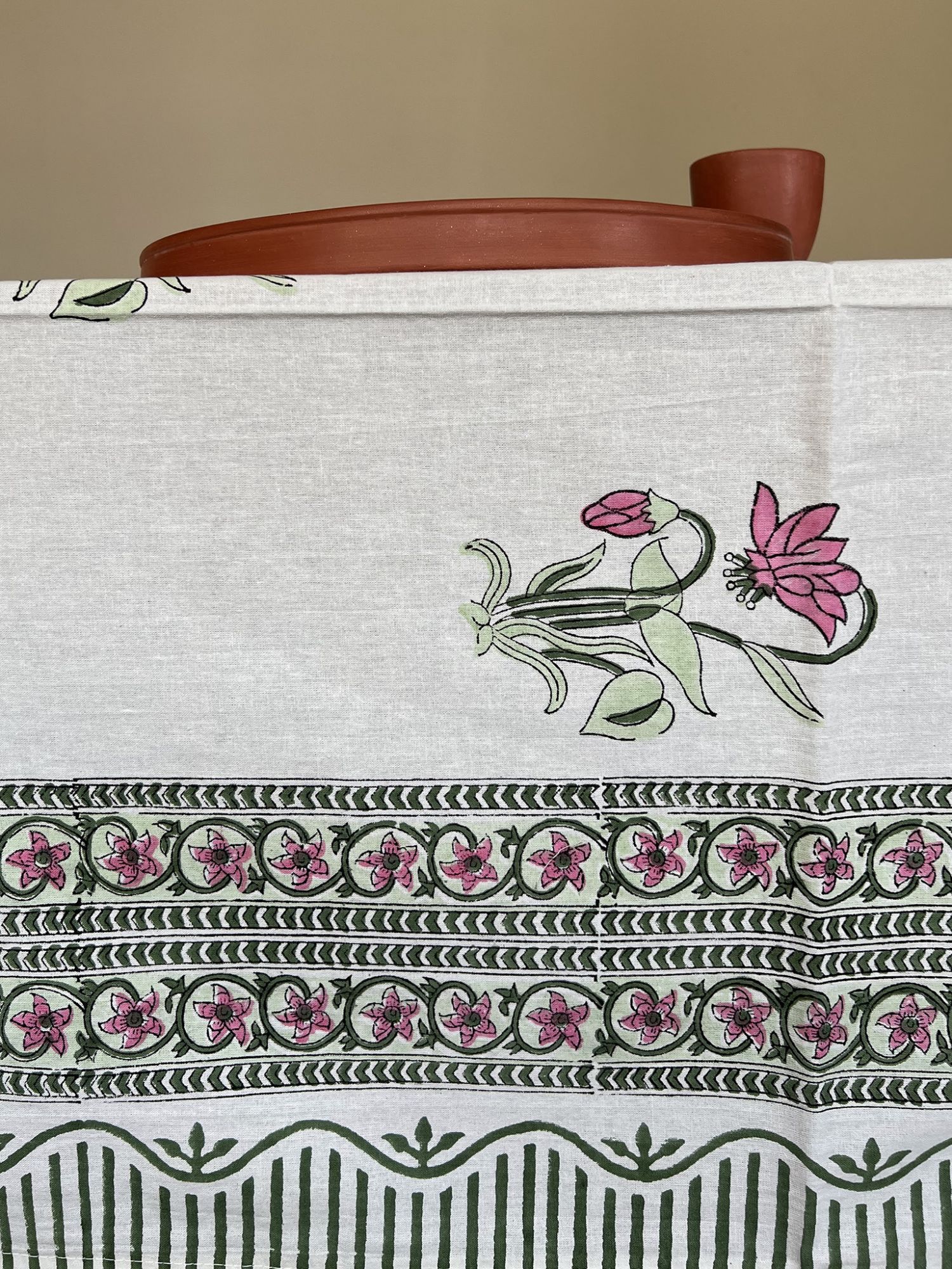 Aalaap 6 Seater hand block Printed Pink Burnt Rose Table Cover Kumudini
