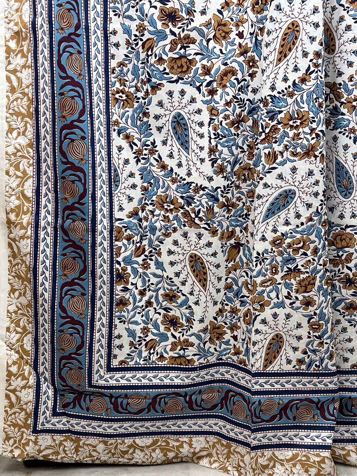 Baageecha Pure Cotton Handmade Artisanal Kingsize Double Bedsheet Paisley Motif Blue Camel Brown