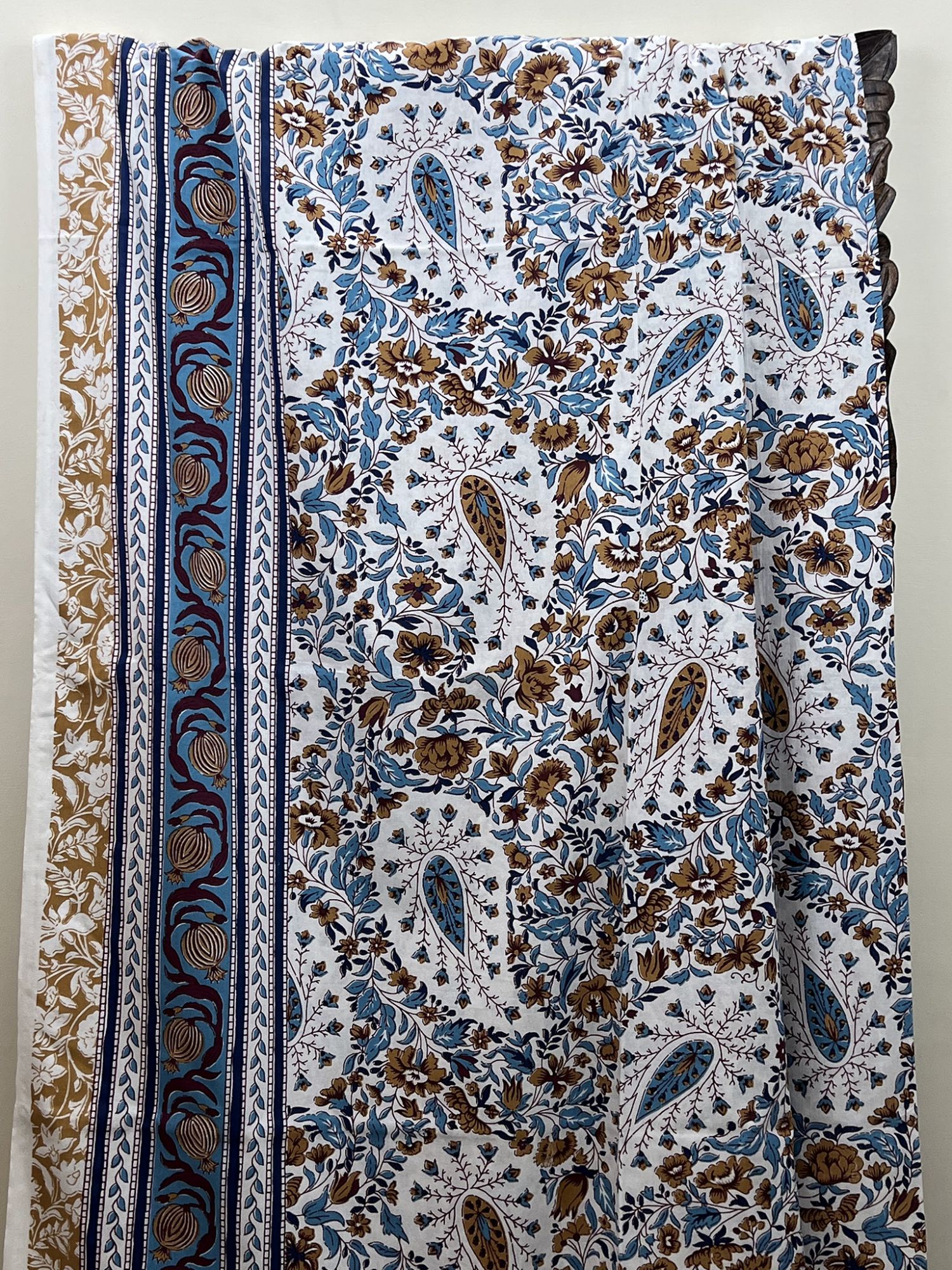 Baageecha Pure Cotton Handmade Artisanal Kingsize Double Bedsheet Paisley Motif Blue Camel Brown