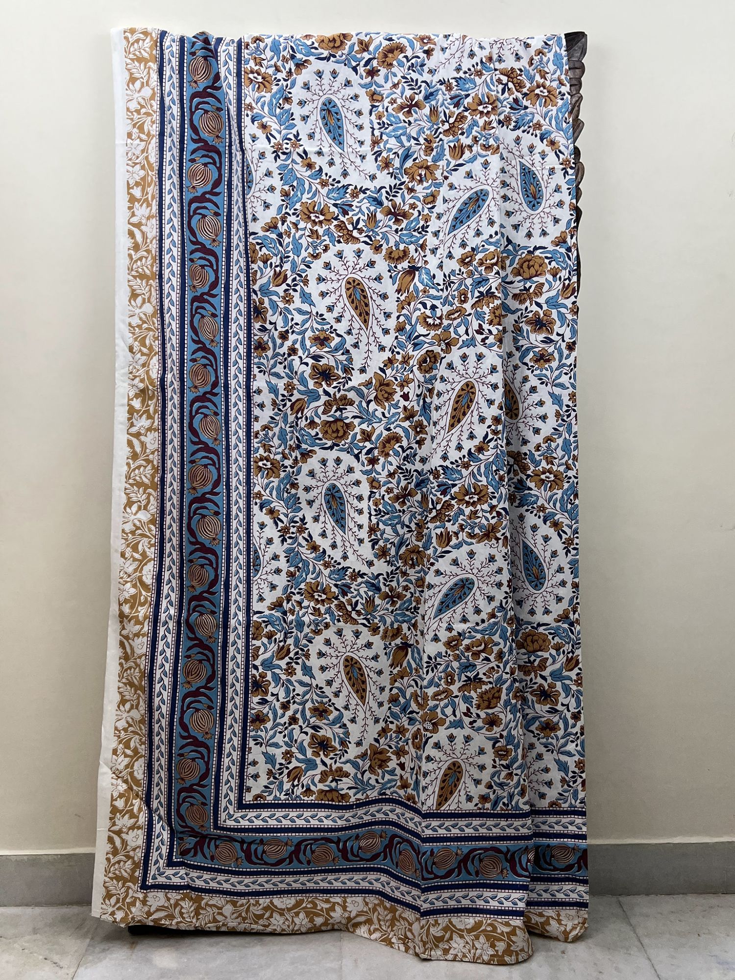 Baageecha Pure Cotton Handmade Artisanal Kingsize Double Bedsheet Paisley Motif Blue Camel Brown
