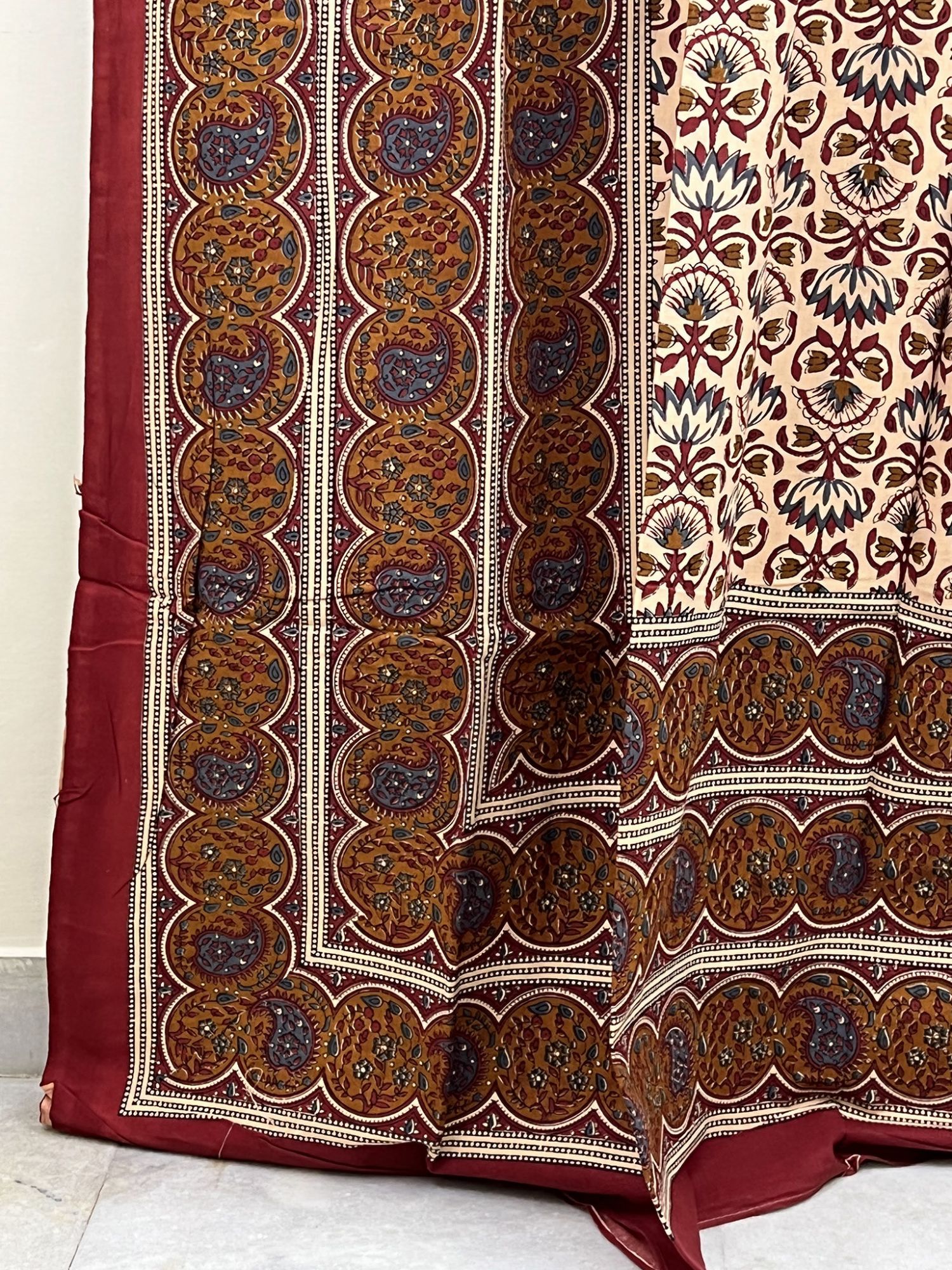 Bagru Pure Cotton Handmade Artisanal Kingsize Double Bedsheet Lotus Lily Blooms Paisley Border Warm Beige Maroon