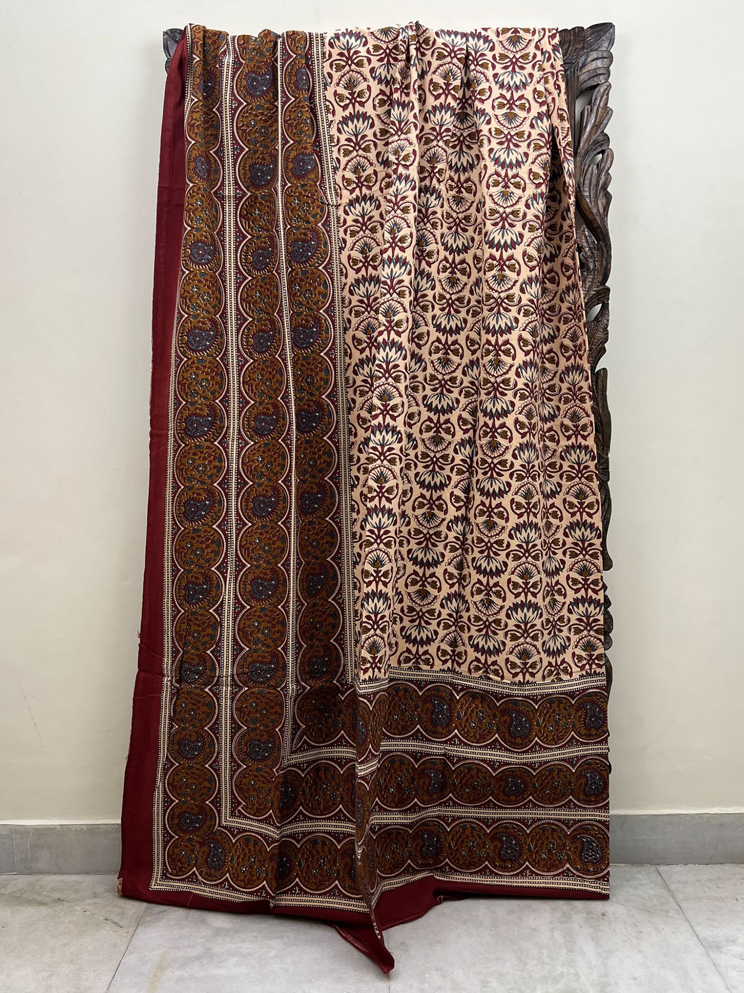 Bagru Pure Cotton Handmade Artisanal Kingsize Double Bedsheet Lotus Lily Blooms Paisley Border Warm Beige Maroon