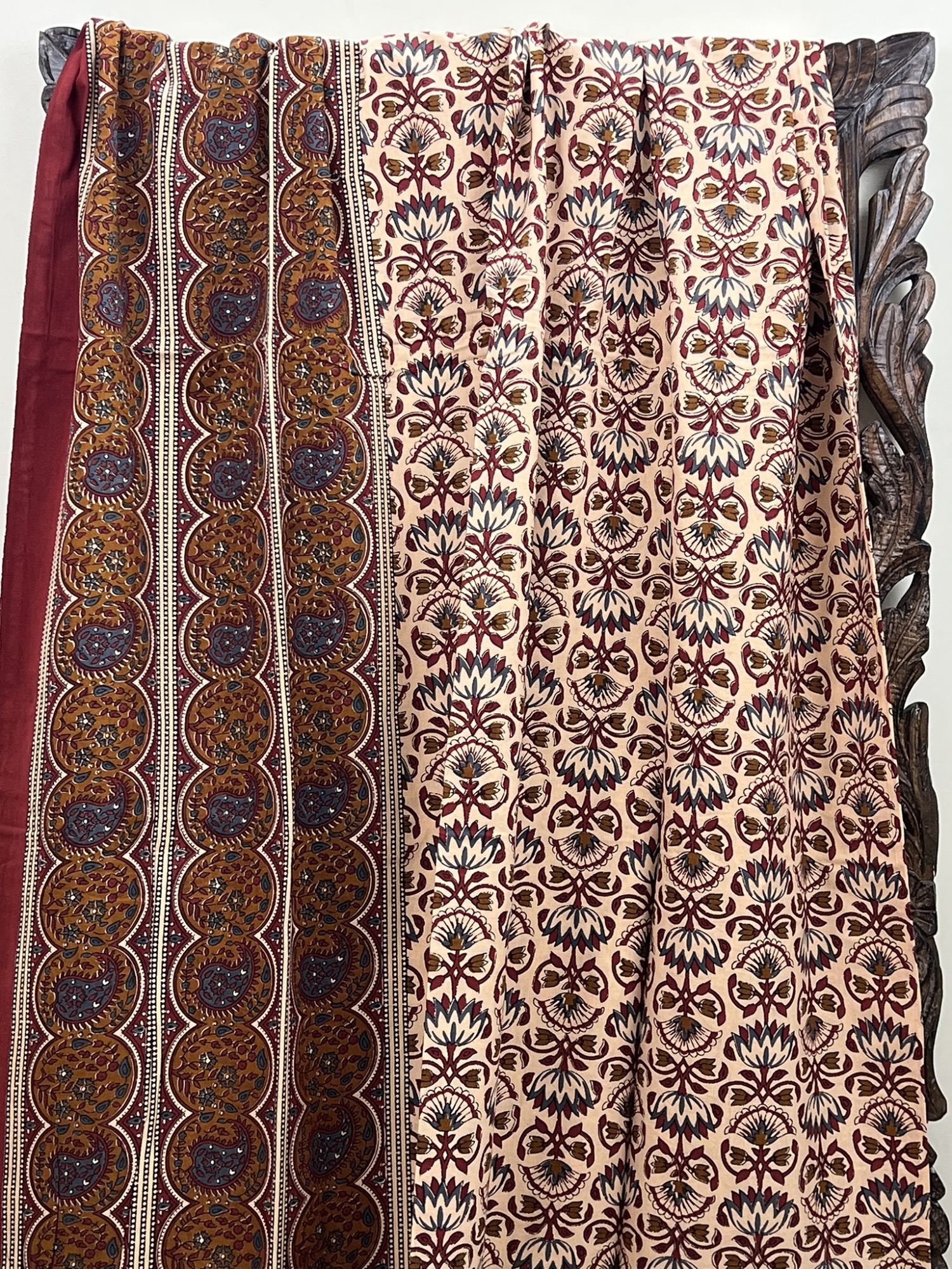 Bagru Pure Cotton Handmade Artisanal Kingsize Double Bedsheet Lotus Lily Blooms Paisley Border Warm Beige Maroon