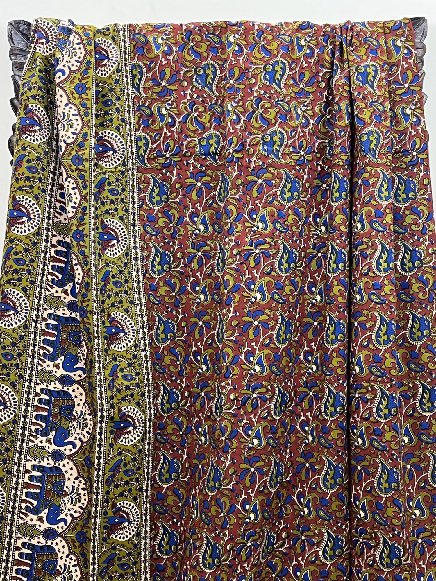 Bagru Pure Cotton Handmade Artisanal Kingsize Double Bedsheet Warm Beige Dark Maroon Red Green Vineyard Elephant Motif Border