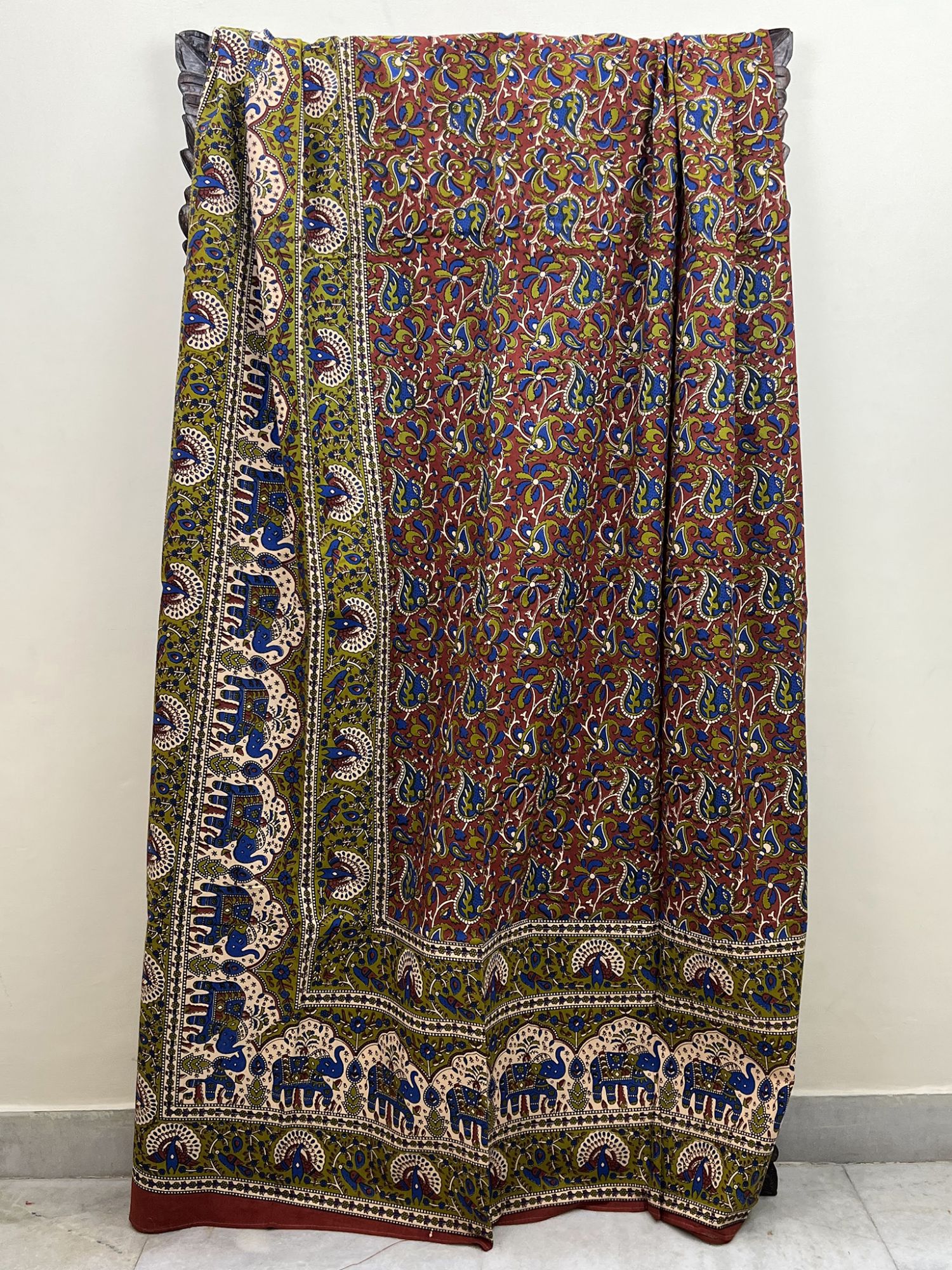 Bagru Pure Cotton Handmade Artisanal Kingsize Double Bedsheet Warm Beige Dark Maroon Red Green Vineyard Elephant Motif Border